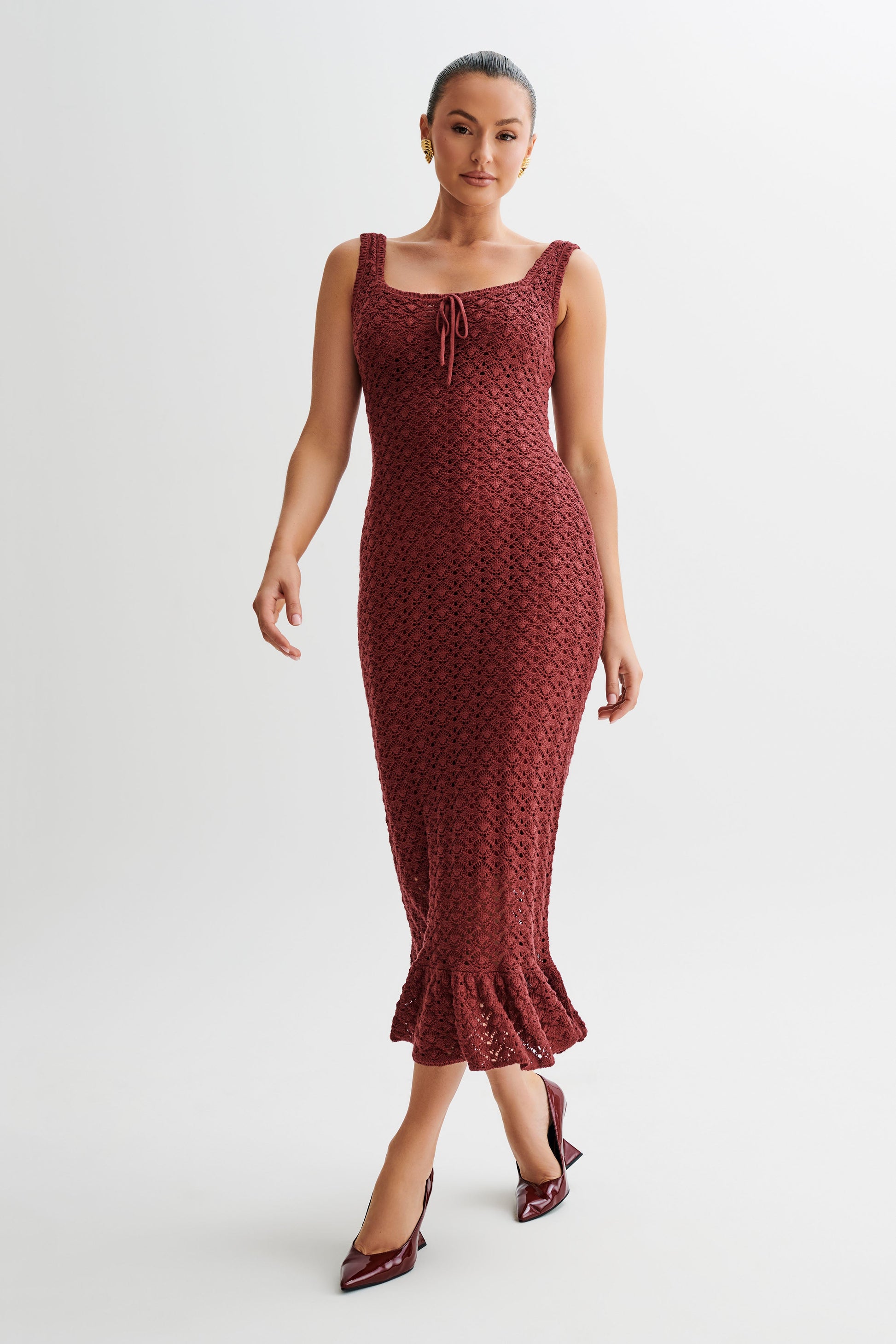 Sylvie Frill Knit Midi Dresses - Wine #4
