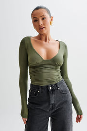 Sutton Ruched Long Sleeve Top - Military Olive