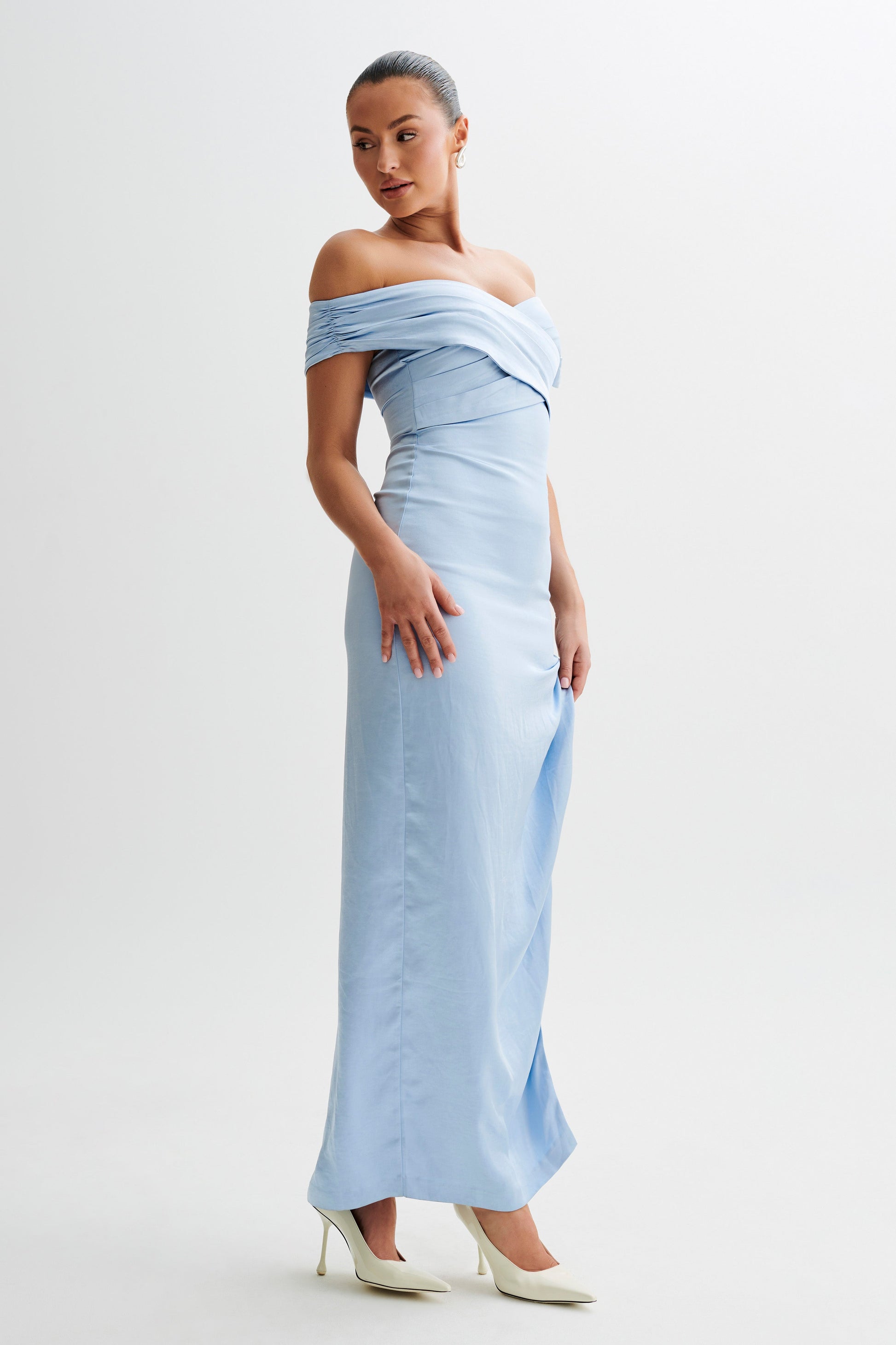 Harley Off Shoulder Satin Maxi Dress - Cornflower Blue #4