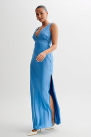 Ricci Satin And Lace Maxi Dress - Iris Blue