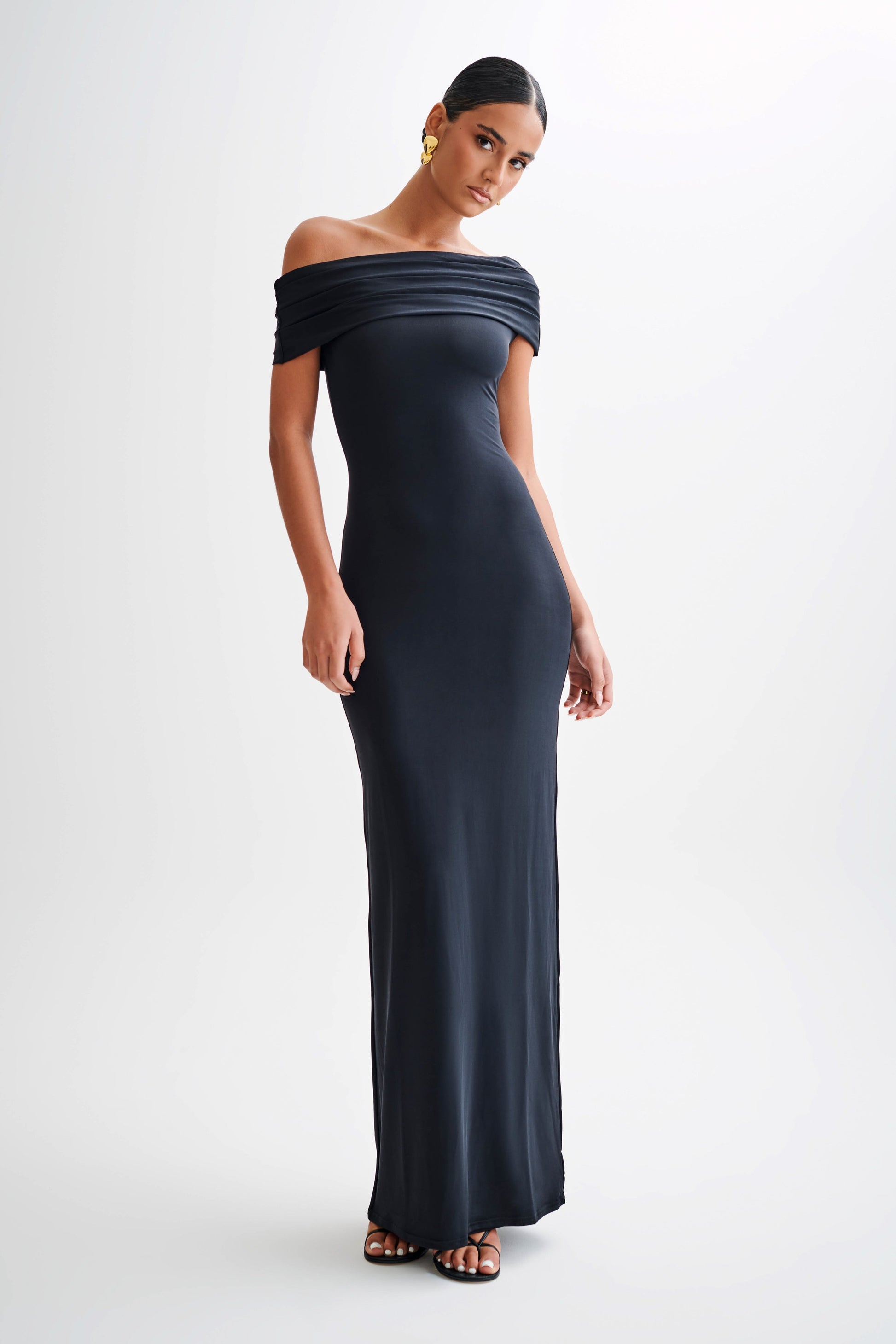 Cassandra Off Shoulder Slinky Maxi Dress - Black | MESHKI Cassandra Off Shoulder Slinky Maxi Dress - Black | MESHKI