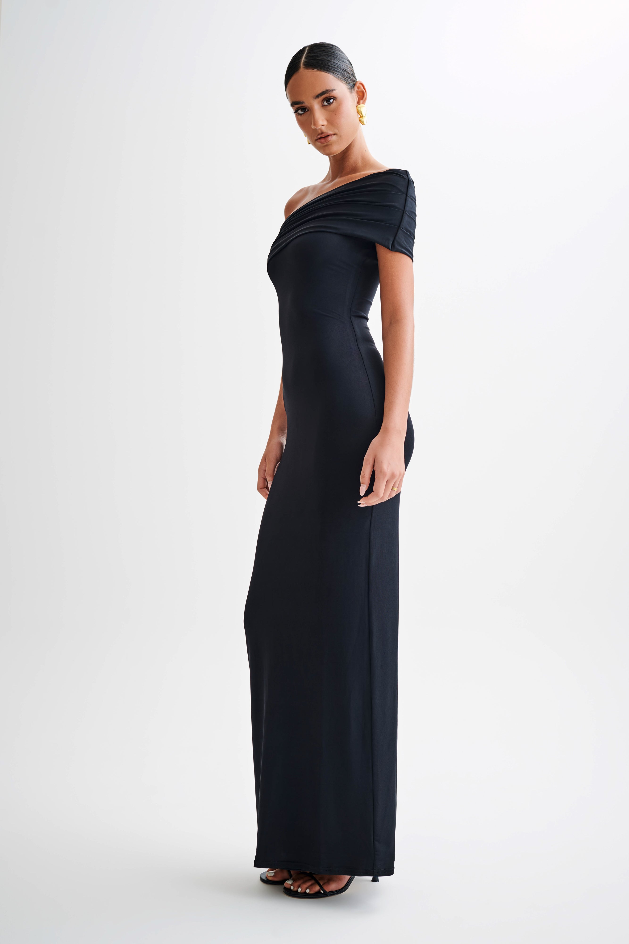 Cassandra Off Shoulder Slinky Maxi Dress - Black & MESHKI