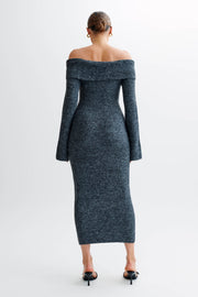 Baxter Off Shoulder Fluffy Knit Midi Dress - Charcoal