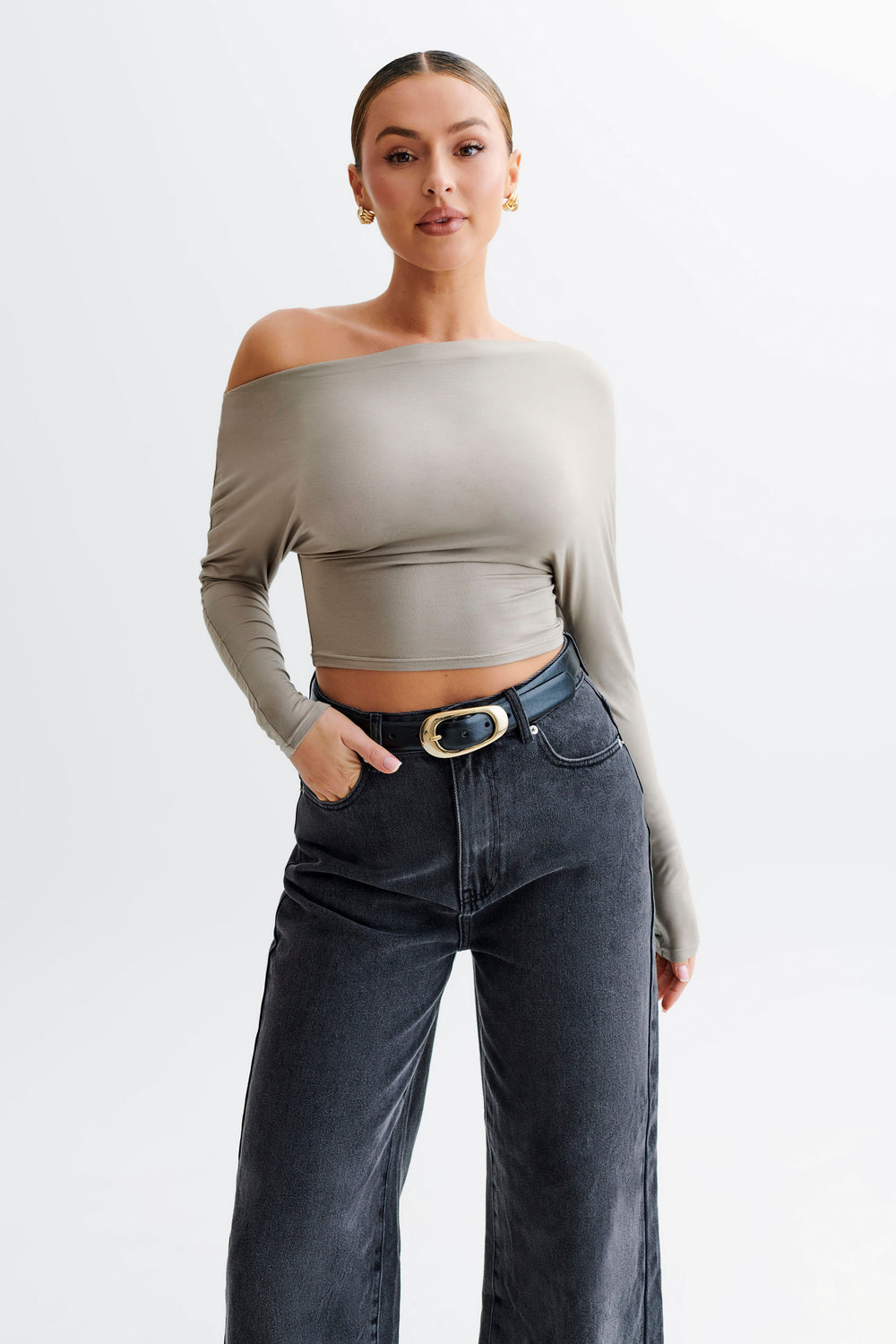 Yasmin Asymmetrical Modal Long Sleeve Top - Tawny Grey