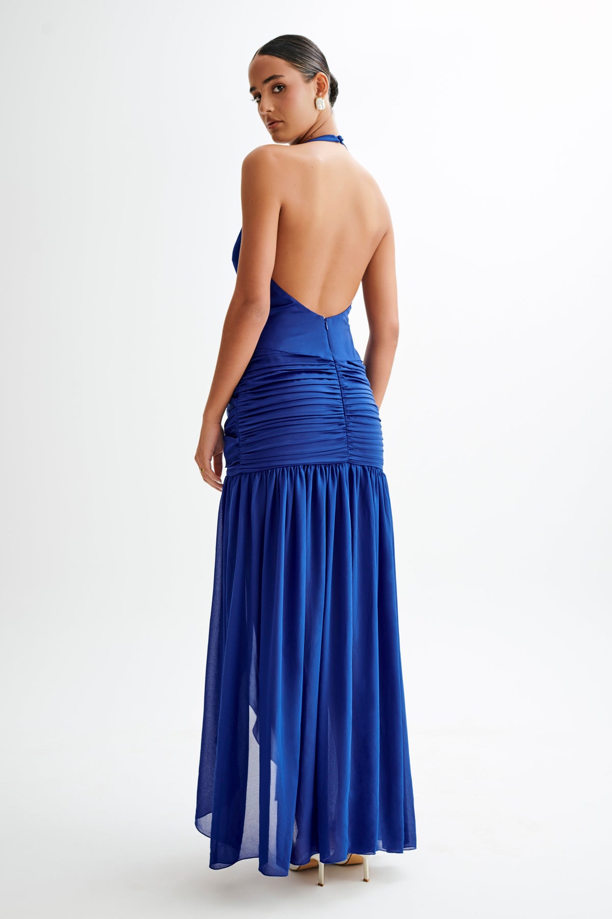 Graziana Satin Chiffon Plunge Maxi Dress - Cobalt Blue #7
