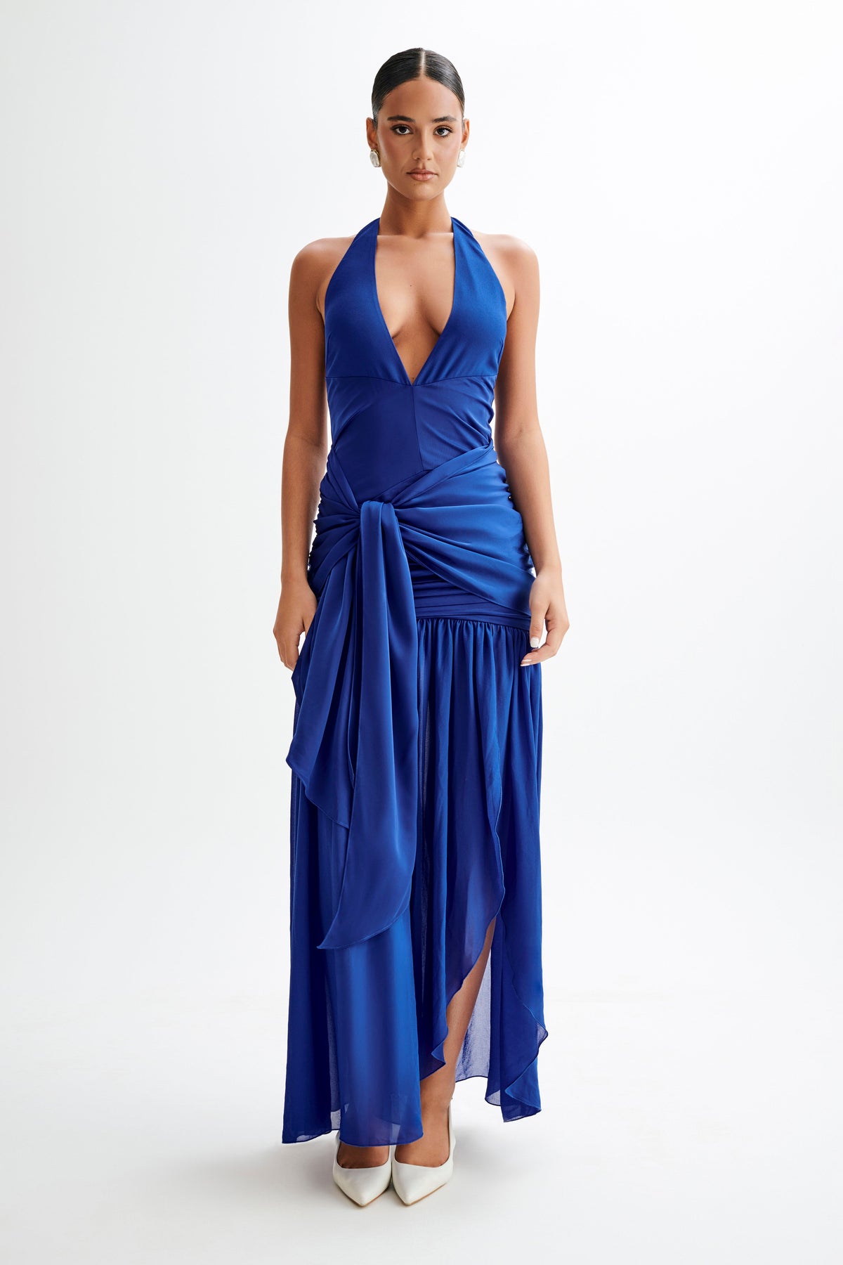 Graziana Satin Chiffon Plunge Maxi Dress - Cobalt Blue #4