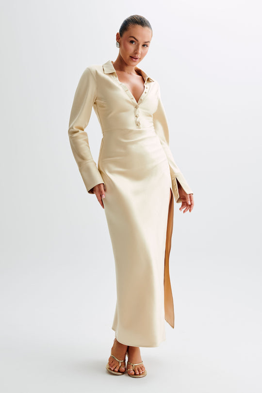 Whitley  Satin Collared Maxi Dress - Gold - View 1 | Shop Formal Dress