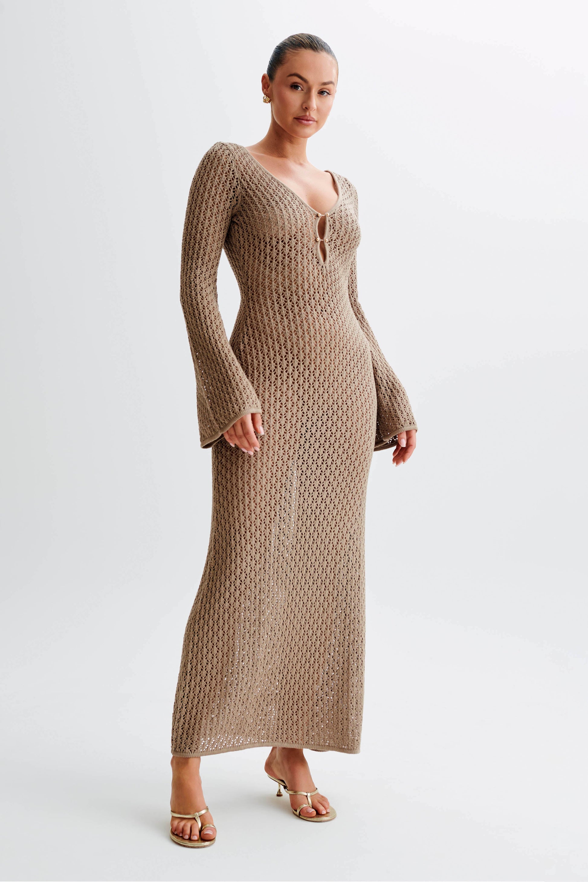 Kayleigh Crochet Fishtail Flare Sleeve Maxi Dress - Taupe #4
