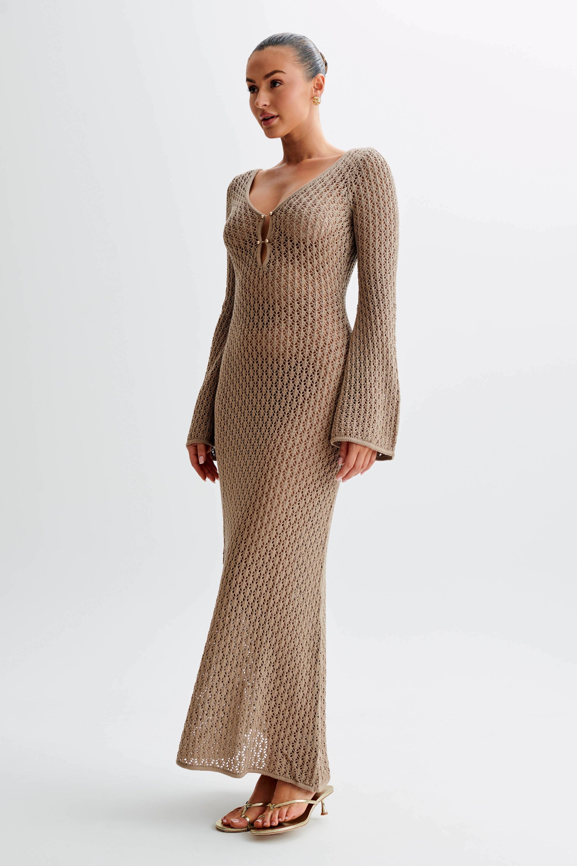 Kayleigh Crochet Fishtail Flare Sleeve Maxi Dress - Taupe #2