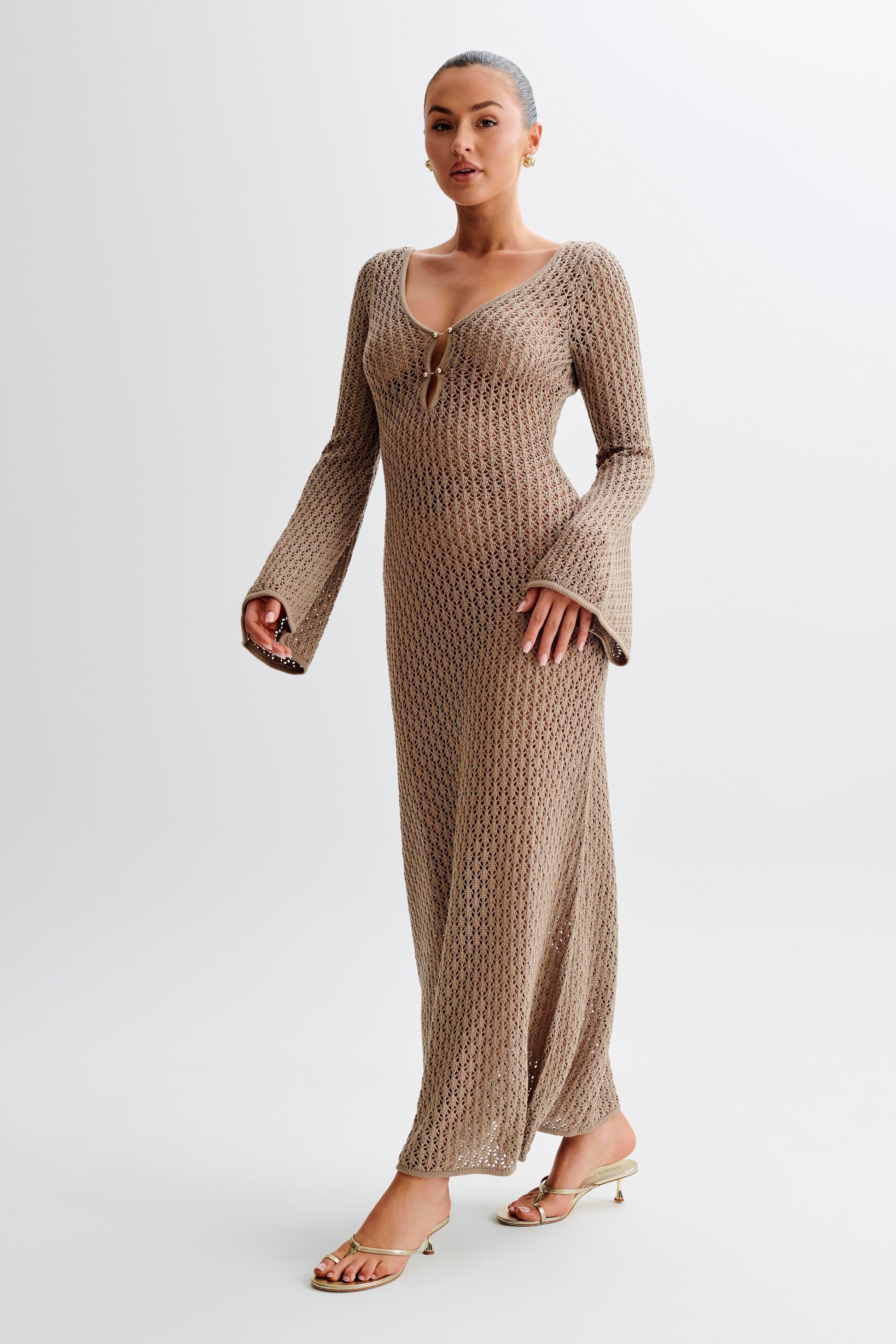 Kayleigh Crochet Fishtail Flare Sleeve Maxi Dress - Taupe #3