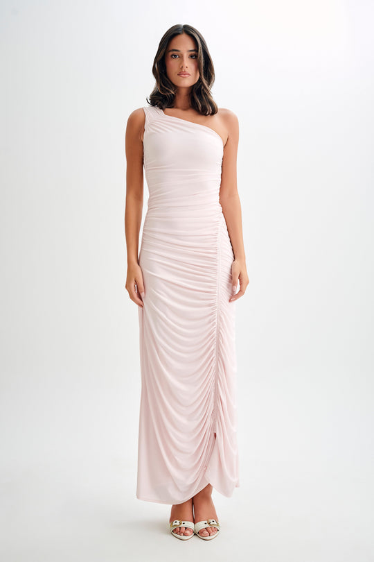 Capri  Gathered Slinky Maxi Dress - Powder Pink - View 1 | Shop Formal Dress