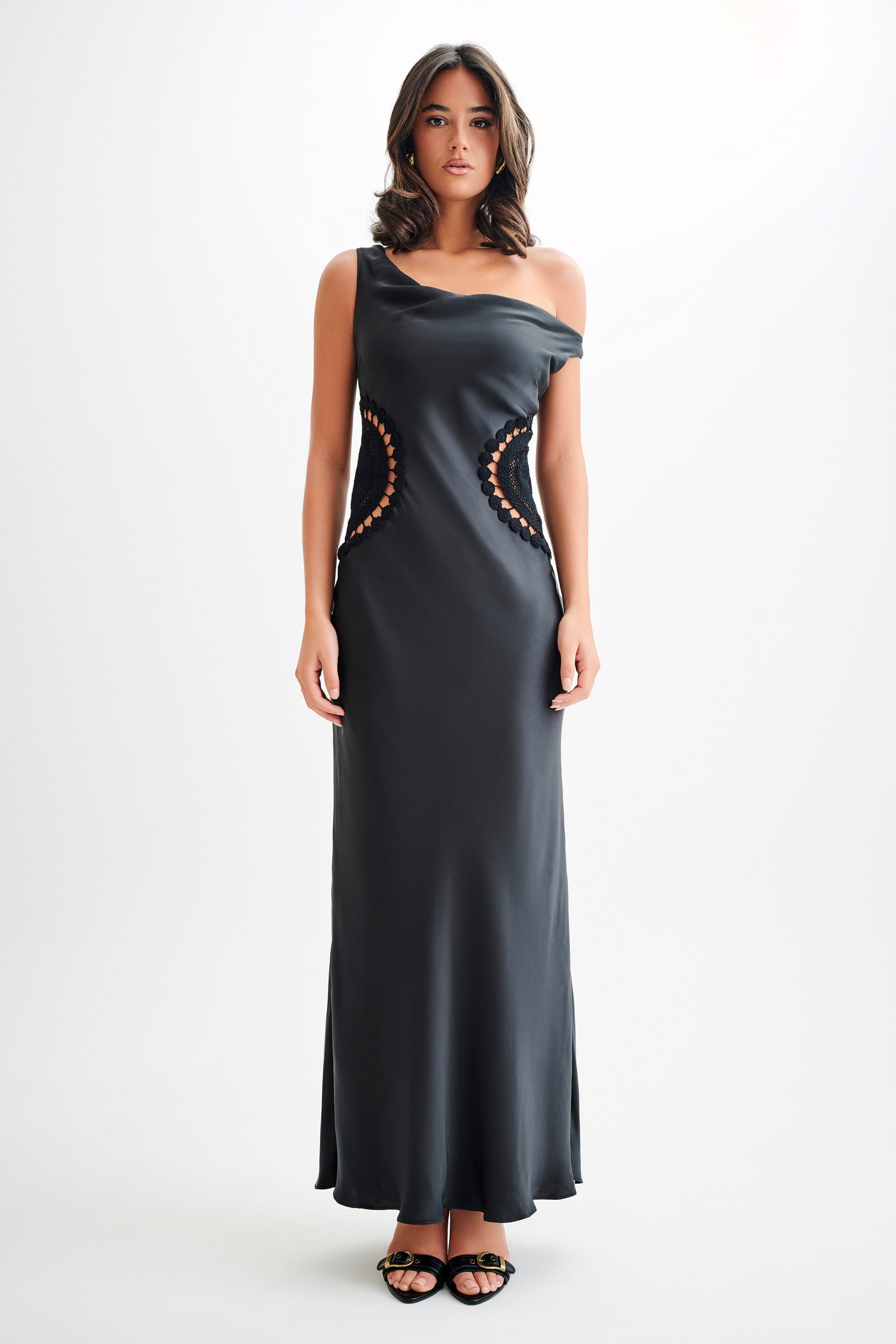 Kristina Satin Maxi Dress With Crochet - Black | MESHKI Kristina Satin Maxi Dress With Crochet - Black | MESHKI
