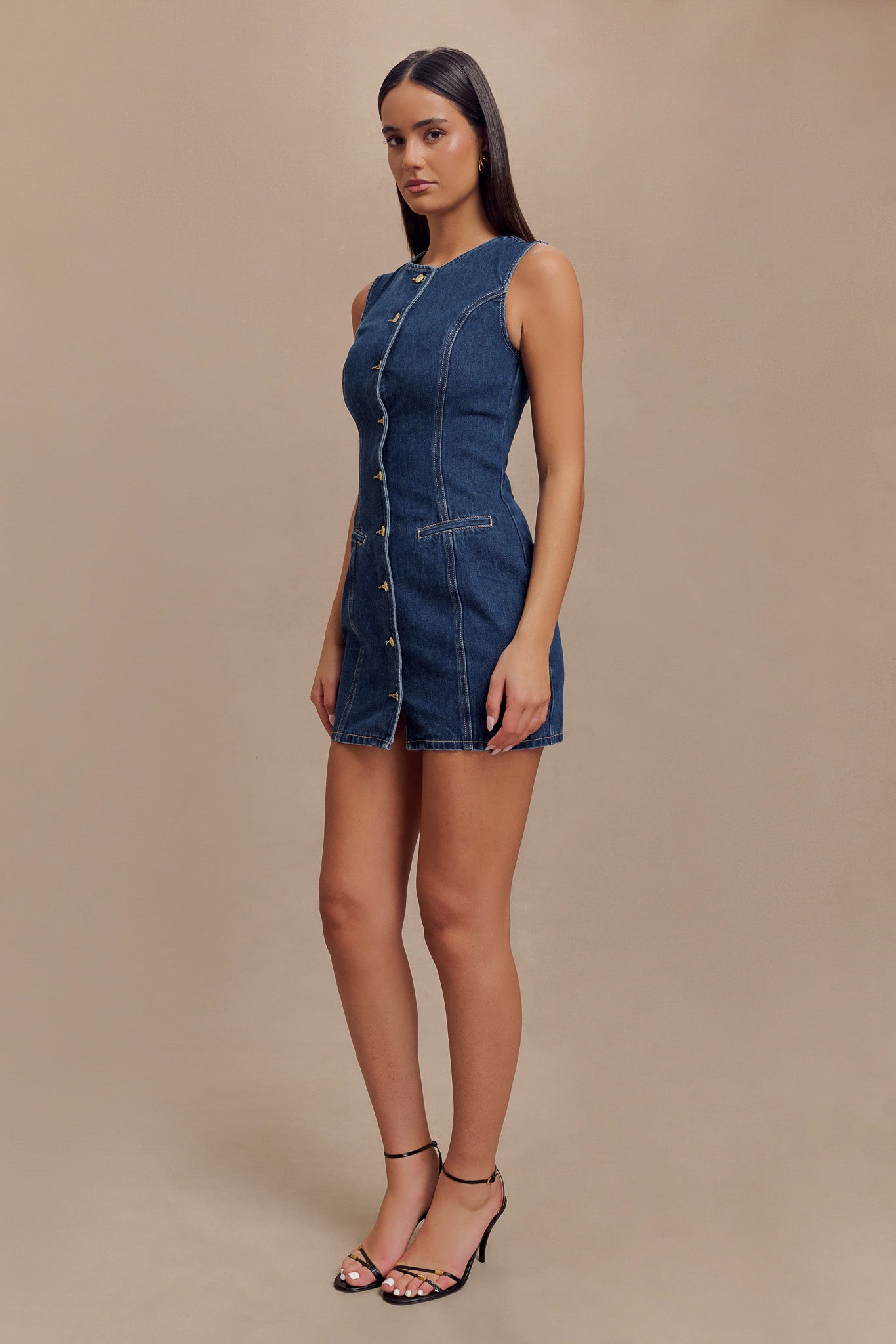 Jane Button Down Denim Mini Dress Dark Blue MESHKI