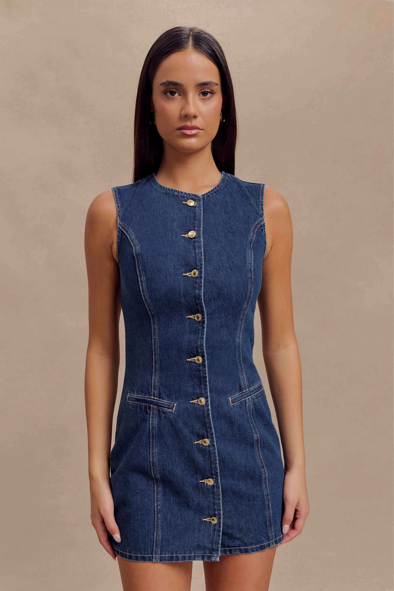 Jane Button Down Denim Mini Dress Dark Blue MESHKI - Main Image