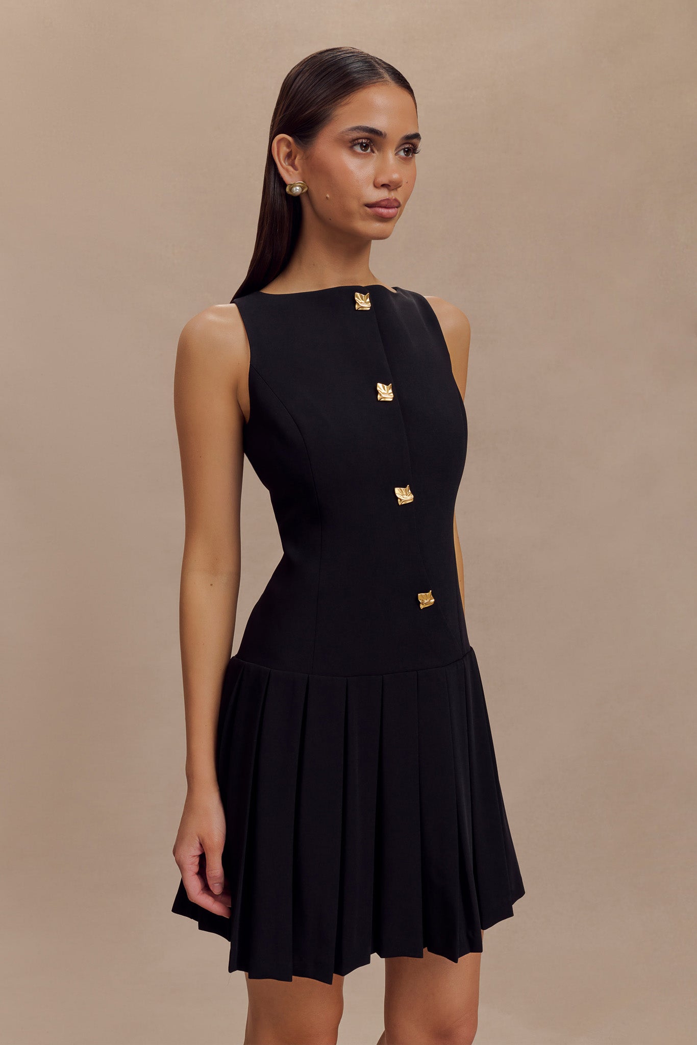 knee length dresses for ladies Long-Sleeve Pleated Mini Dress in Black - 2 main image 0