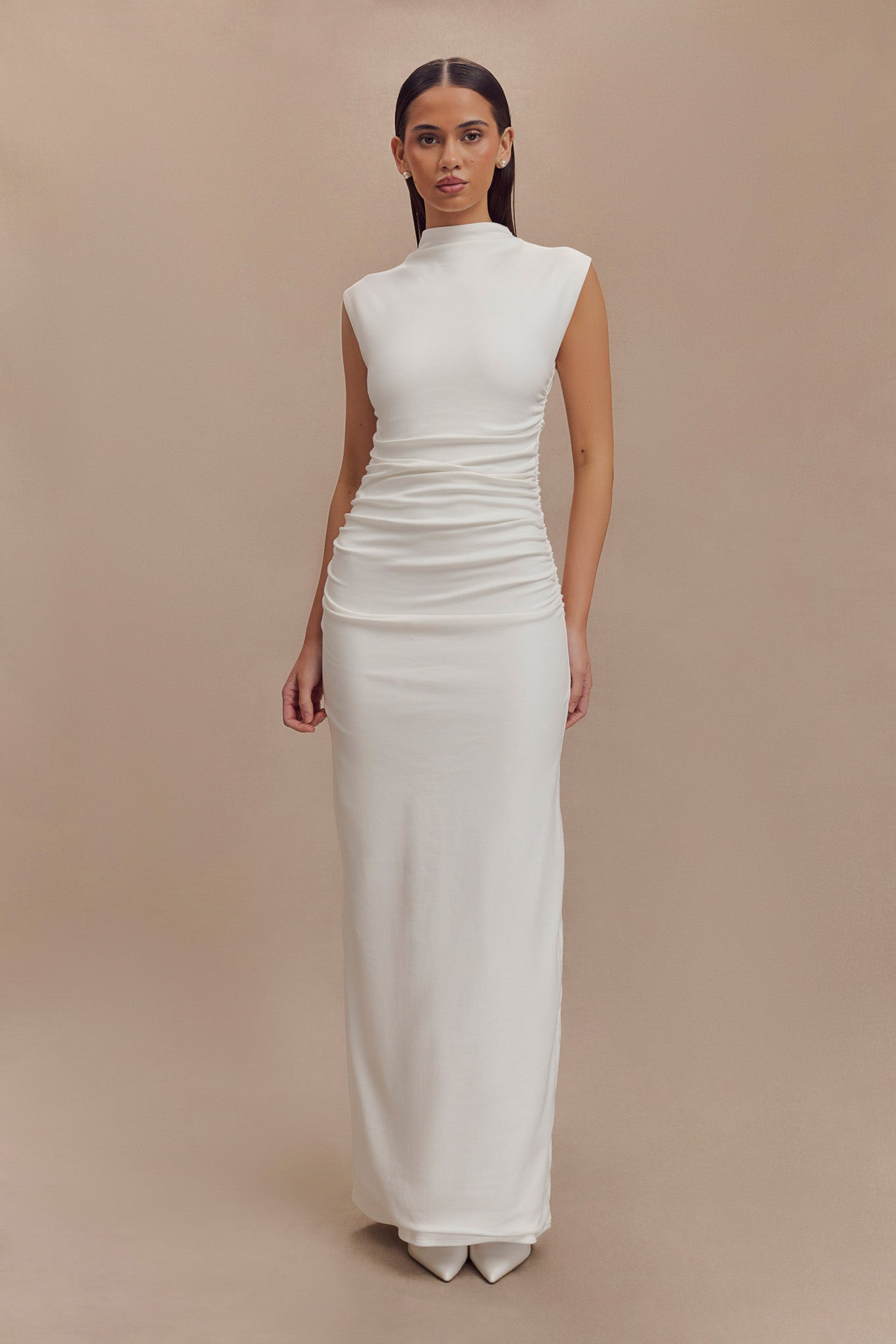 white sleeveless maxi dress Linen with Fit and Flare Silhouette White / XS Wrap Maxi Dress will make sure its extra stylish White High Neck Sleeveless Maxi