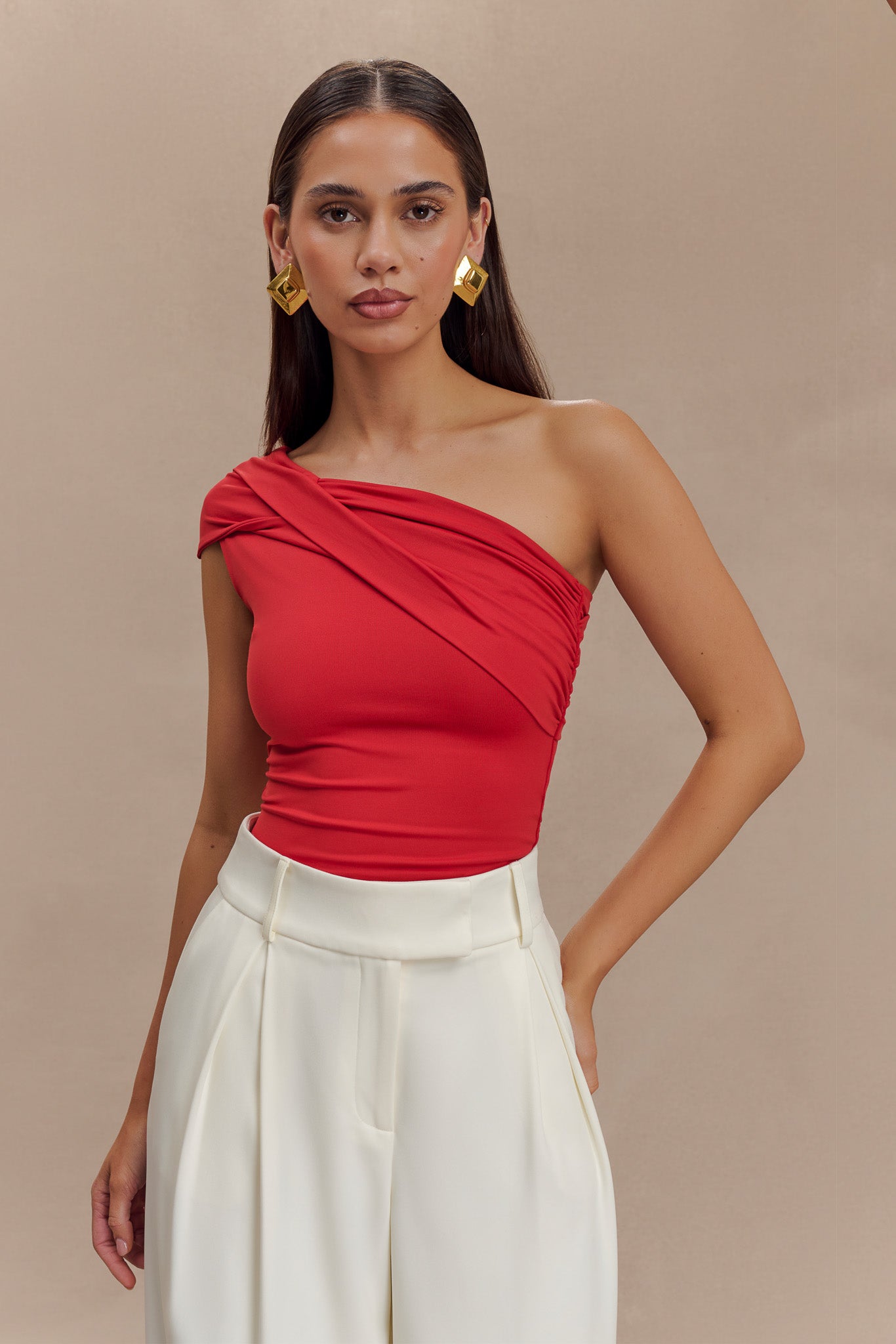 Solene One Shoulder Recycled Nylon Twist Top - Ruby | MESHKI