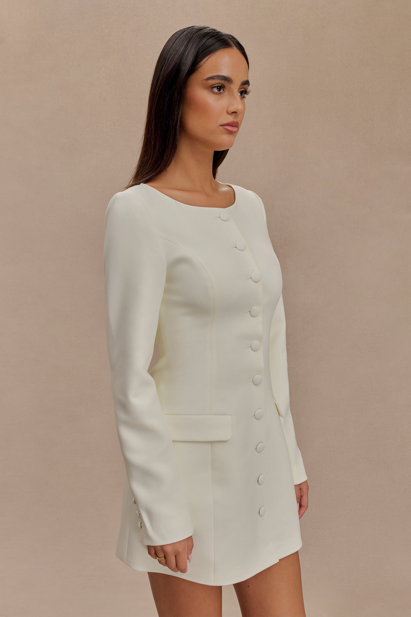 Jolie Boat Neck Suiting Mini Dress - Ivory #6