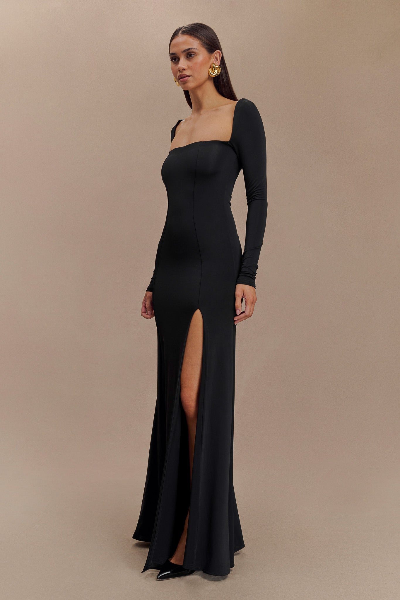 Desirie Slinky Long Sleeve Maxi Dress With Split - Black #5