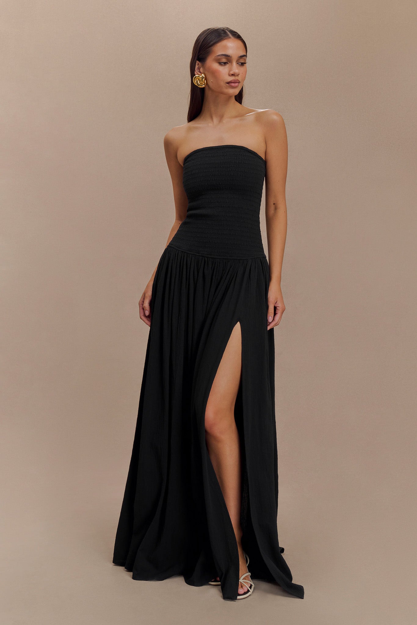 Maureen Cotton Shirring Maxi Dress Black MESHKI