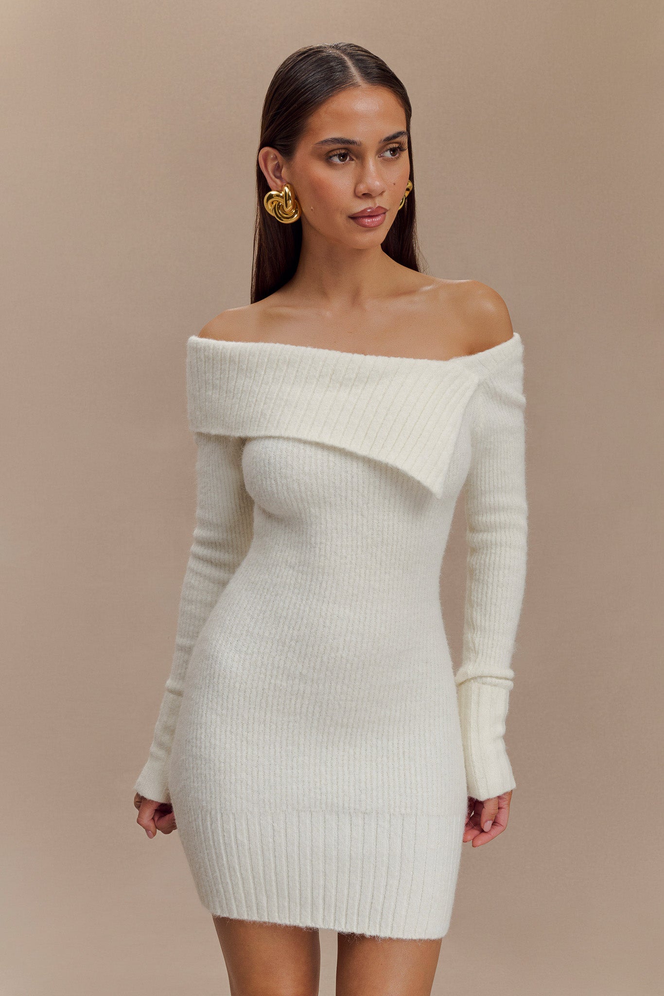 Stephanie Asymmetric Knit Mini Dress Ivory MESHKI