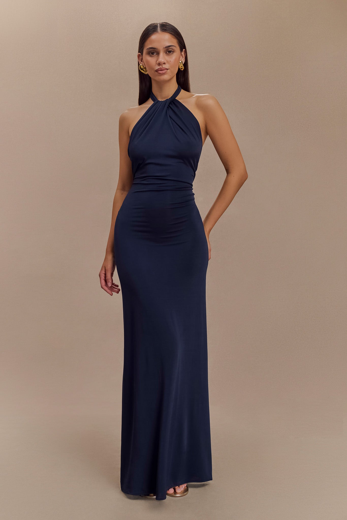 Elyna Slinky Halter Maxi Dress - Navy | MESHKI Elyna Slinky Halter Maxi Dress - Navy | MESHKI