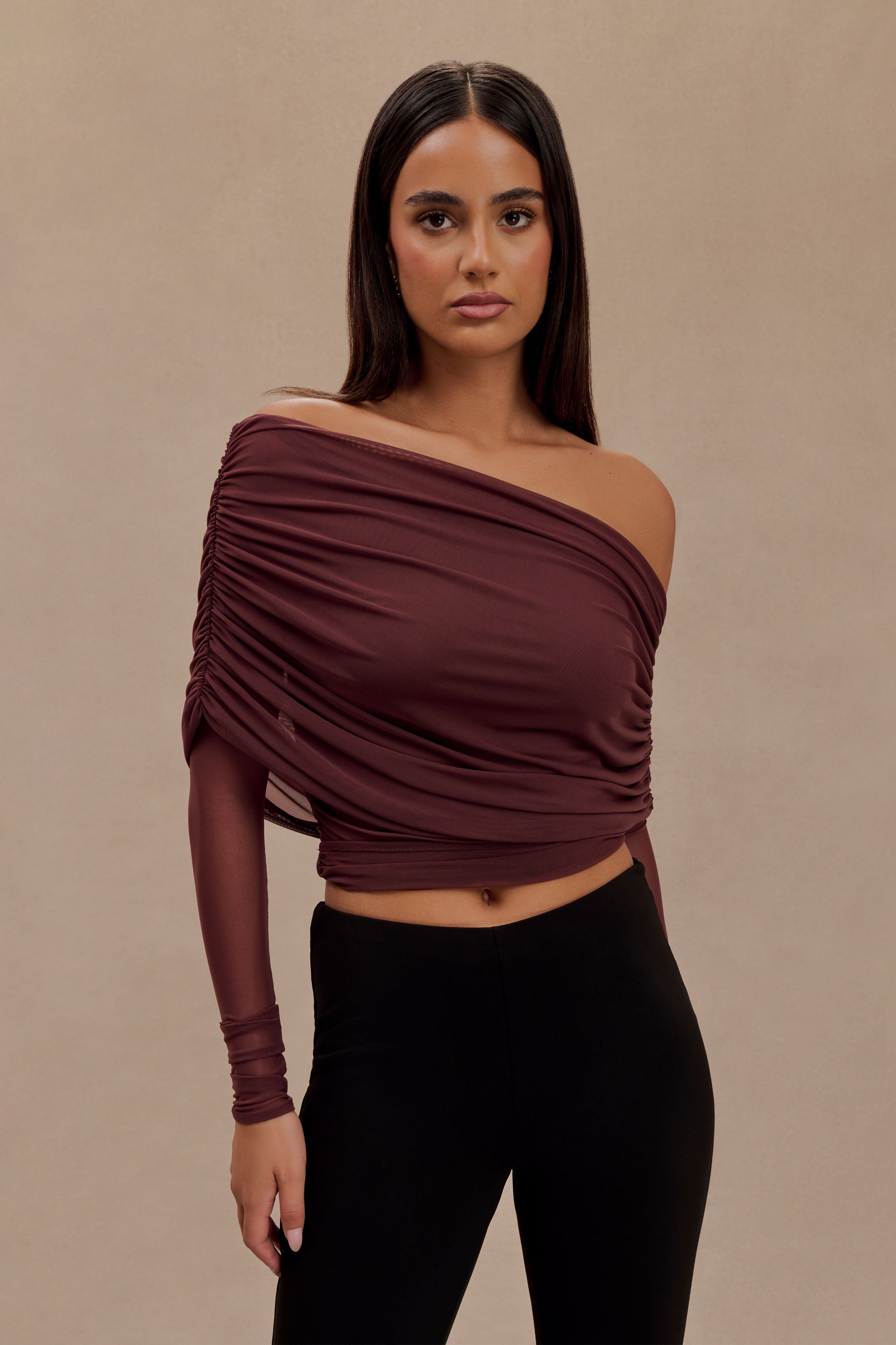Everly Sheer Mesh Off Shoulder Top - Mahogany | MESHKI