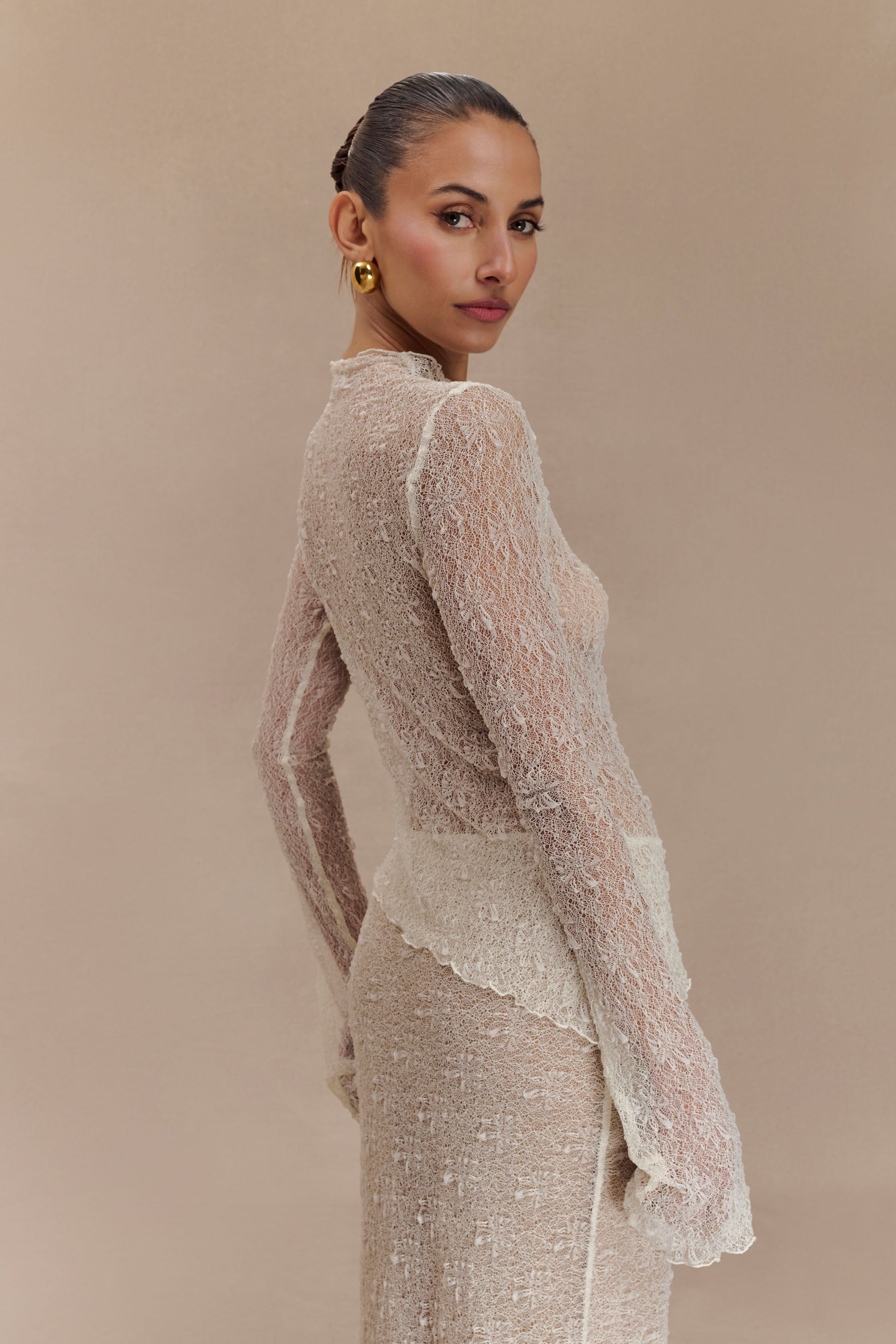 Riley Sheer Lace Long Sleeve Top - Ivory #6