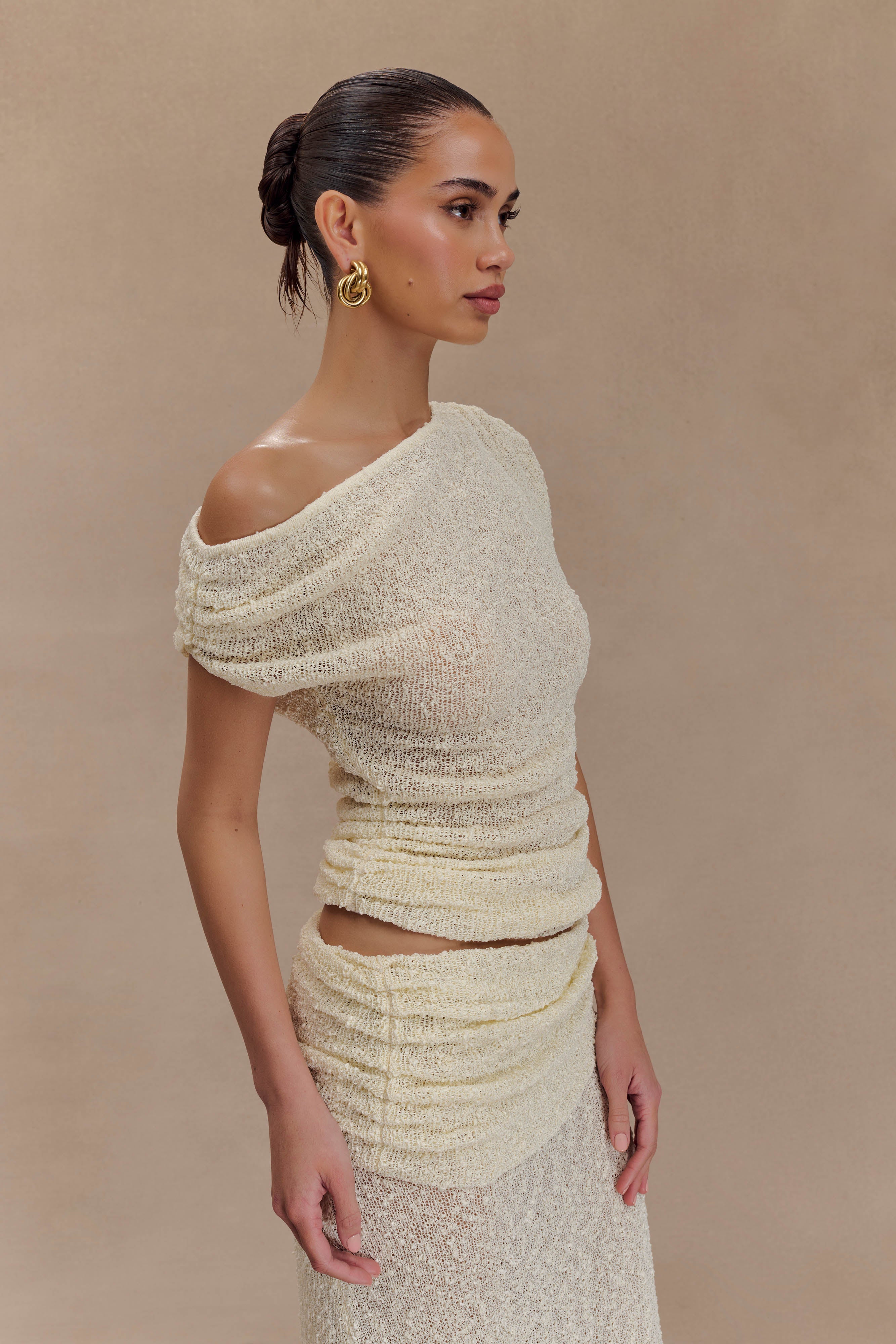 Chloe Off Shoulder Boucle Knit Top - Ivory | MESHKI