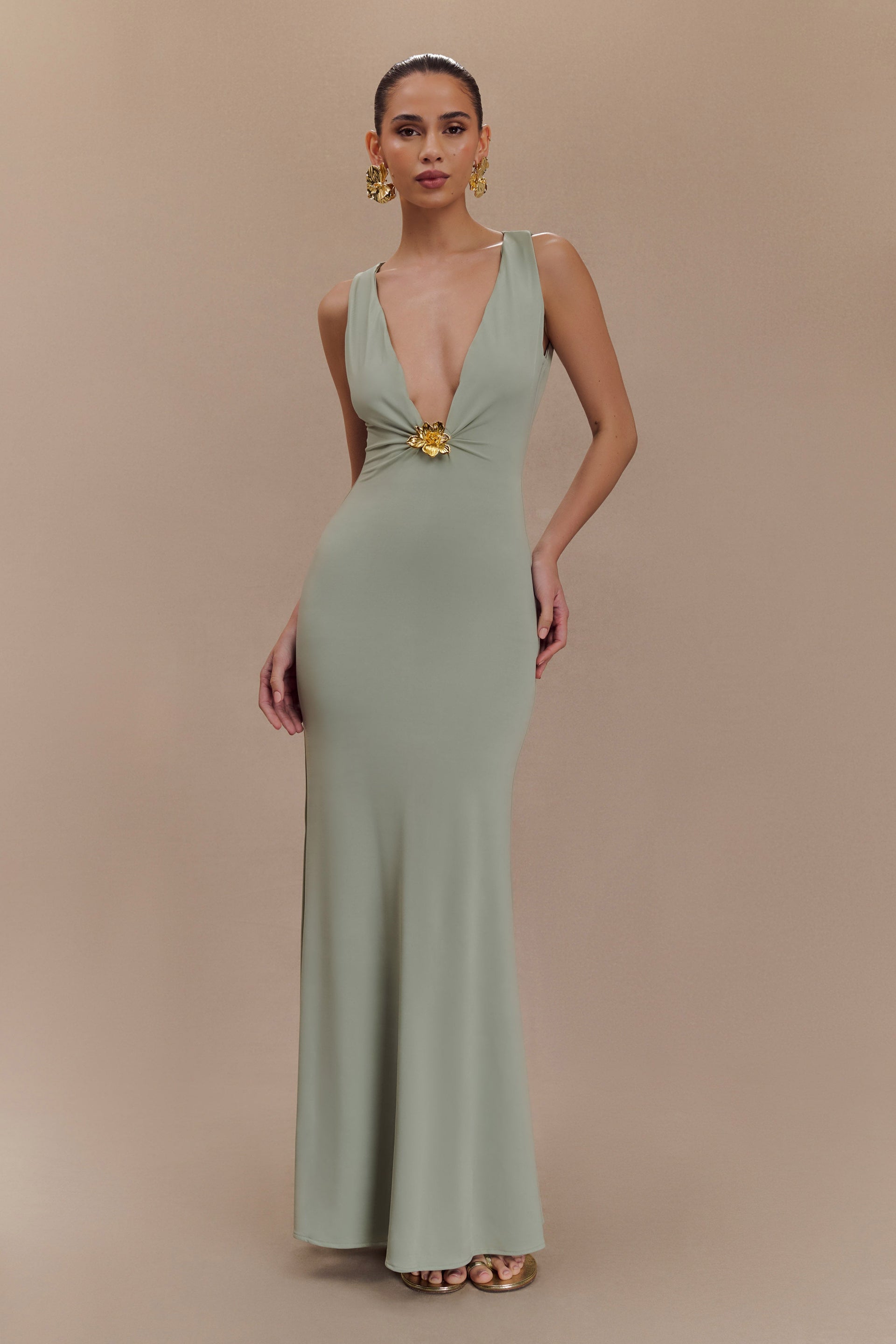 Beck Plunge Maxi Dress With Floral Hardware - Basil