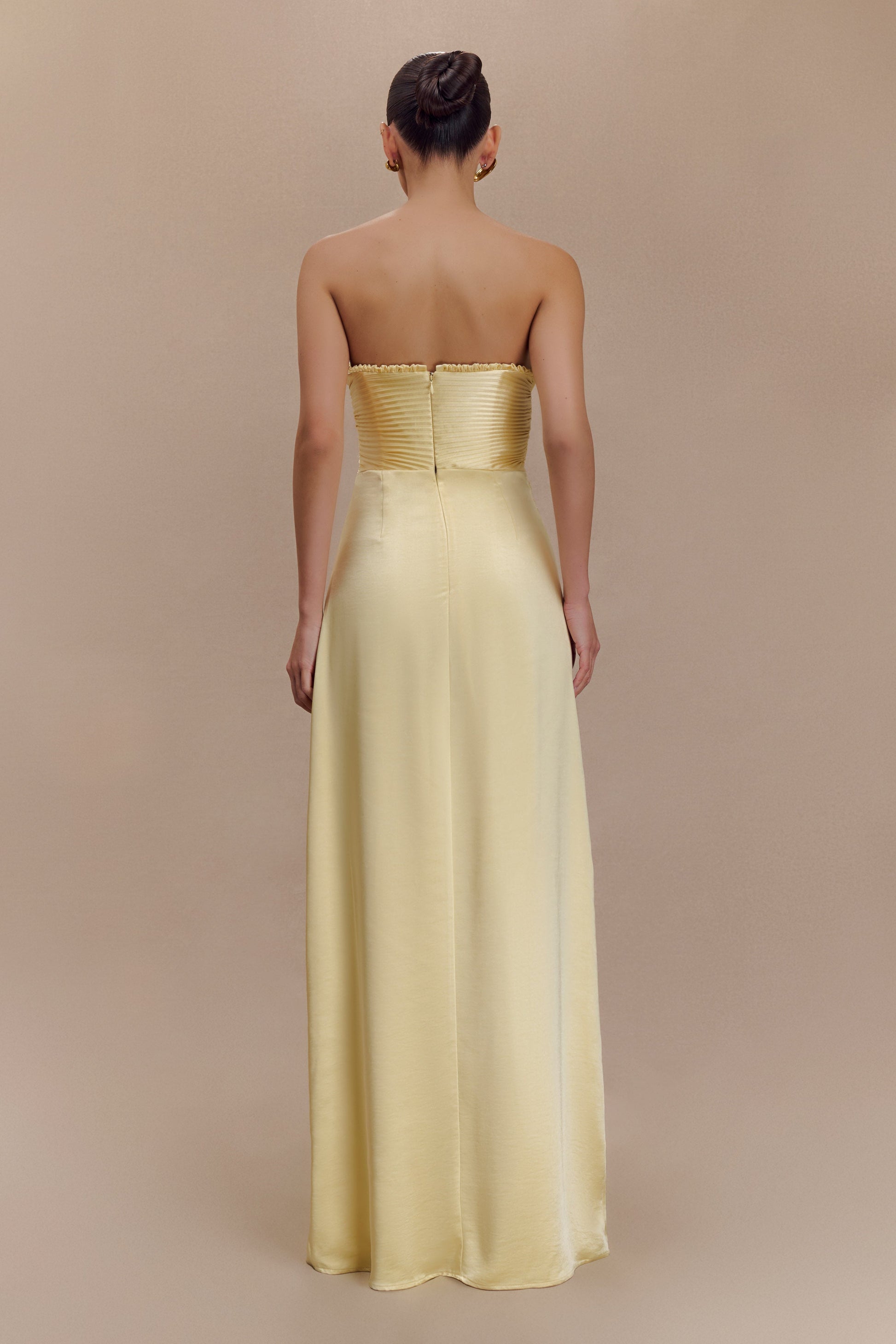 larissa satin maxi dress with ruched petals lemon Please be advised this style runs small and fabric does not allow stretch larissa satin maxi dress with