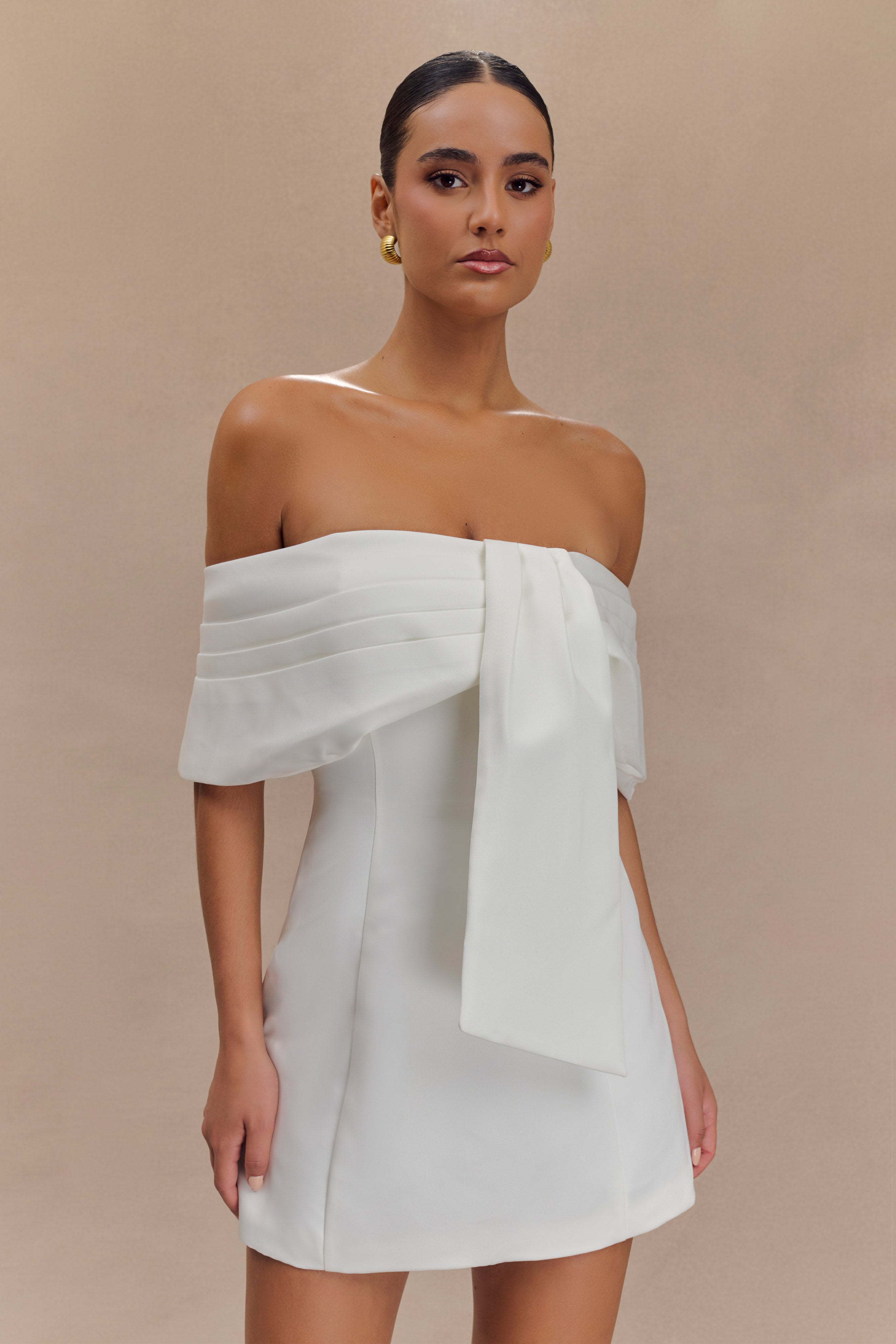Gloria Mini Off Shoulder Drape Dress - White & MESHKI