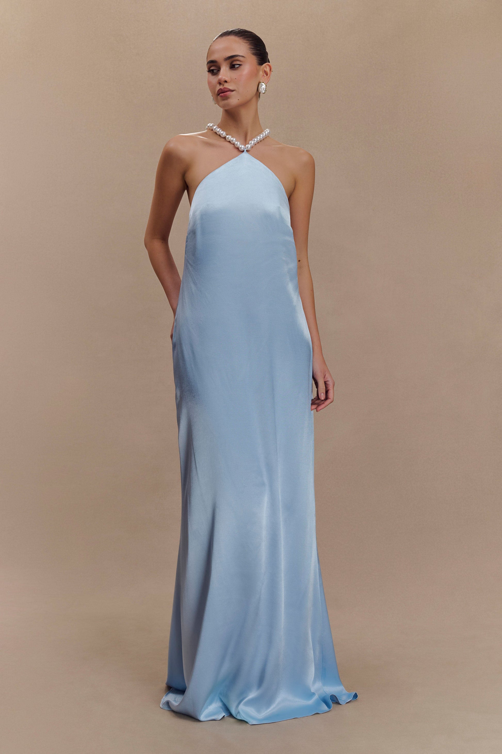 Blanche Satin Pearl Halter Maxi Dress - Cornflower Blue #6