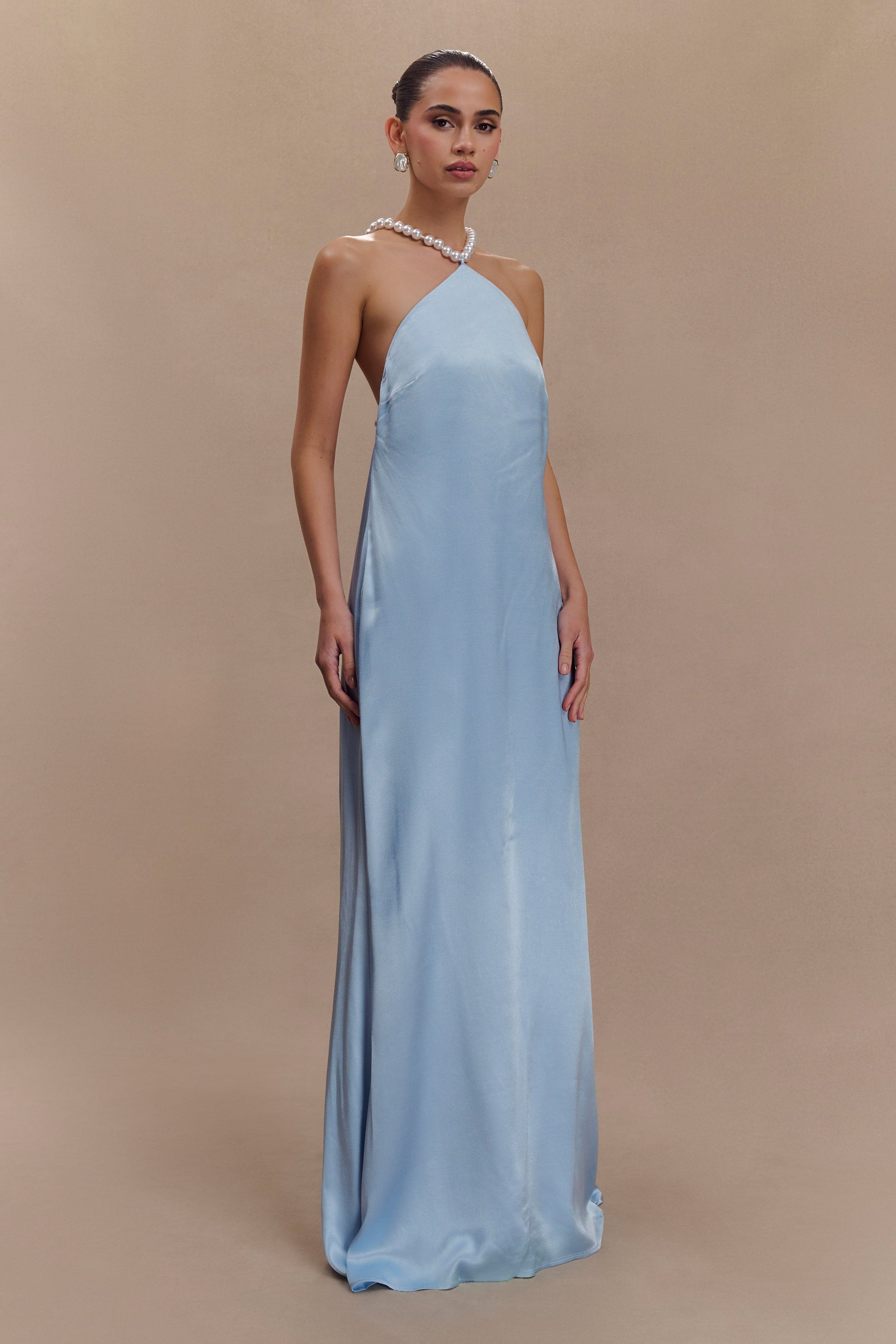Blanche Satin Pearl Halter Maxi Dress - Cornflower Blue #5