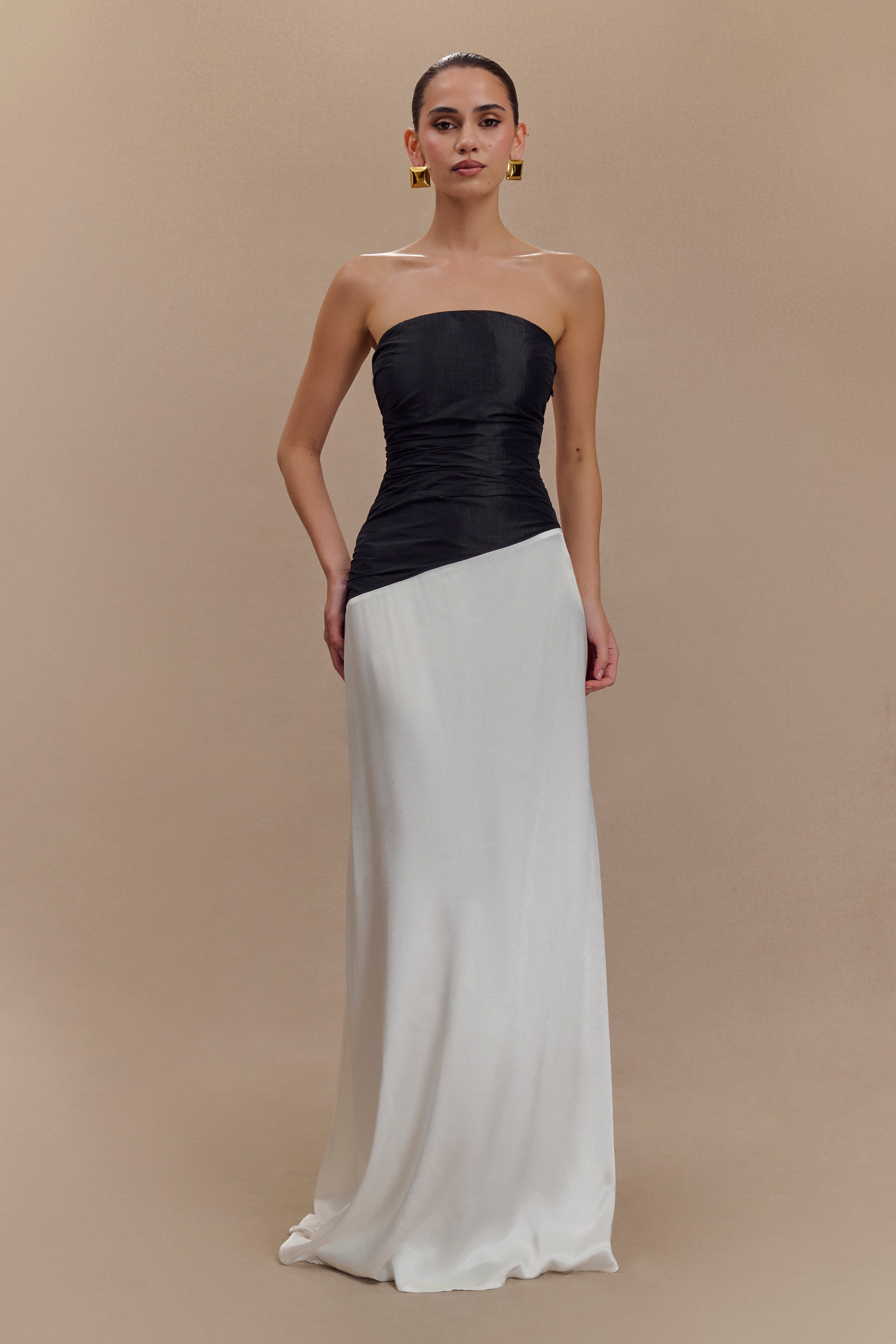 Serena Strapless Taffeta Maxi Dress - White/Black | MESHKI Serena Strapless Taffeta Maxi Dress - White/Black | MESHKI
