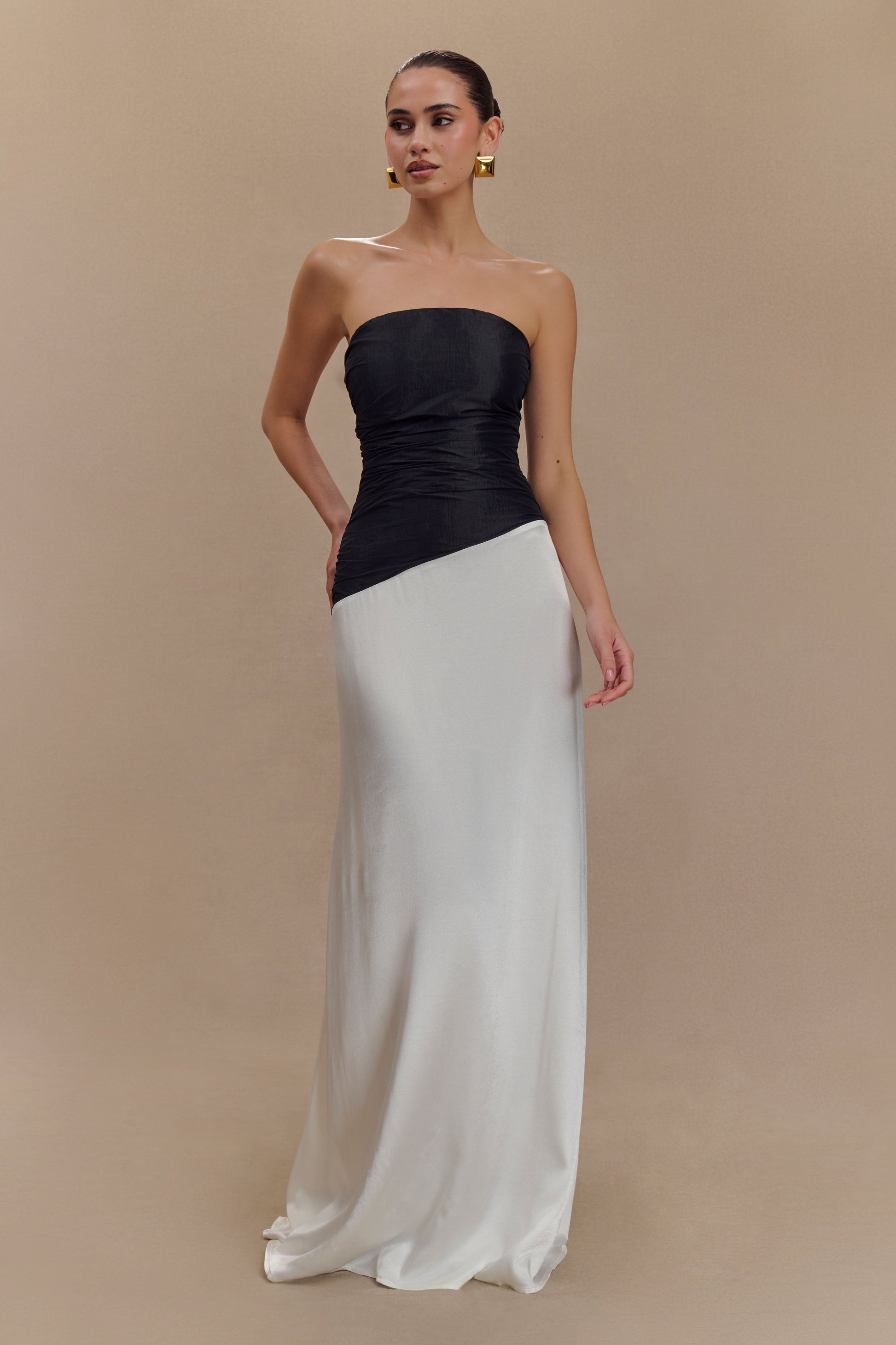Serena Strapless Taffeta Maxi Dress - White/Black | MESHKI Serena Strapless Taffeta Maxi Dress - White/Black | MESHKI