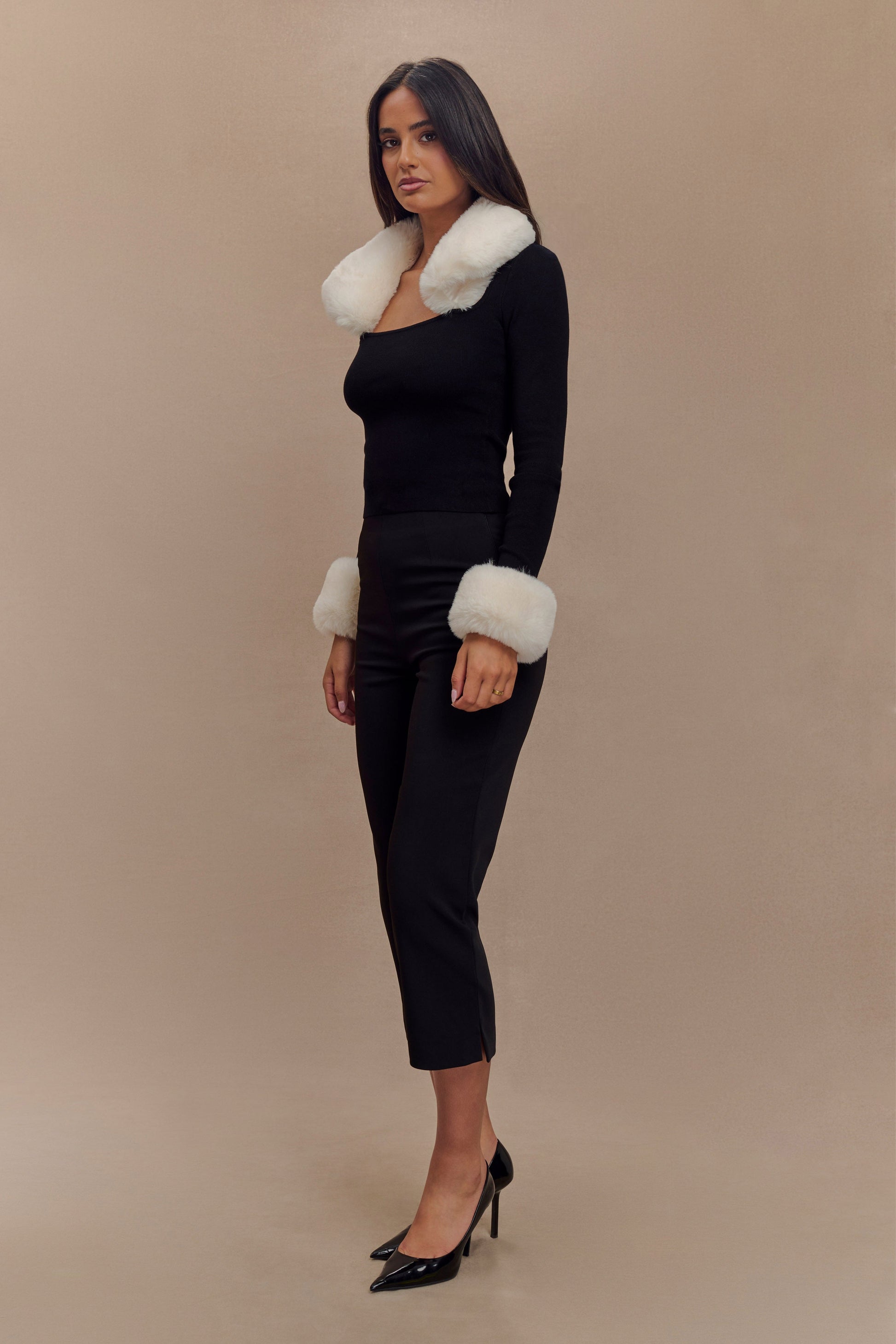 Cressida Faux Fur Knit Long Sleeve Top - Black/White #4
