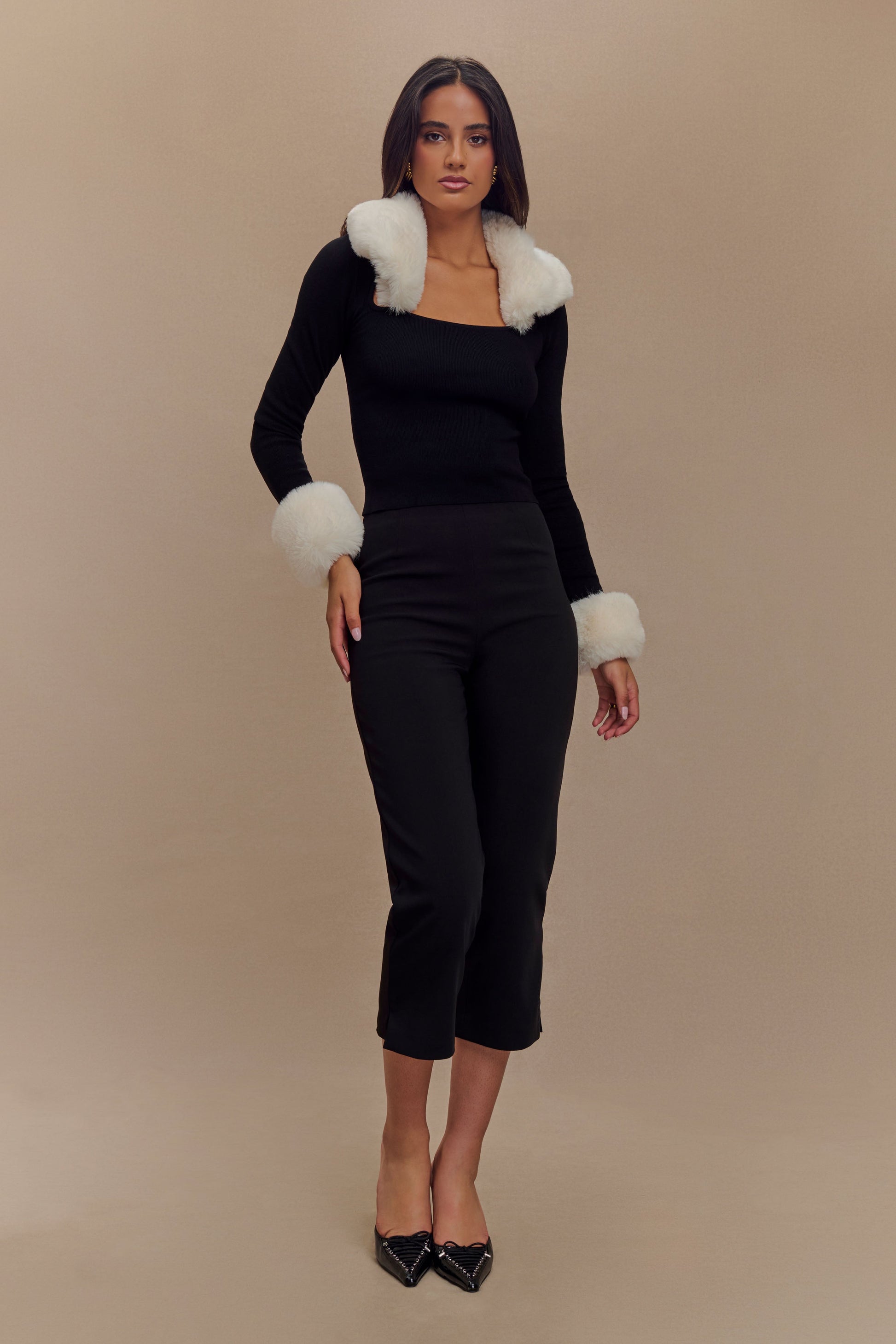 Cressida Faux Fur Knit Long Sleeve Top - Black/White #3