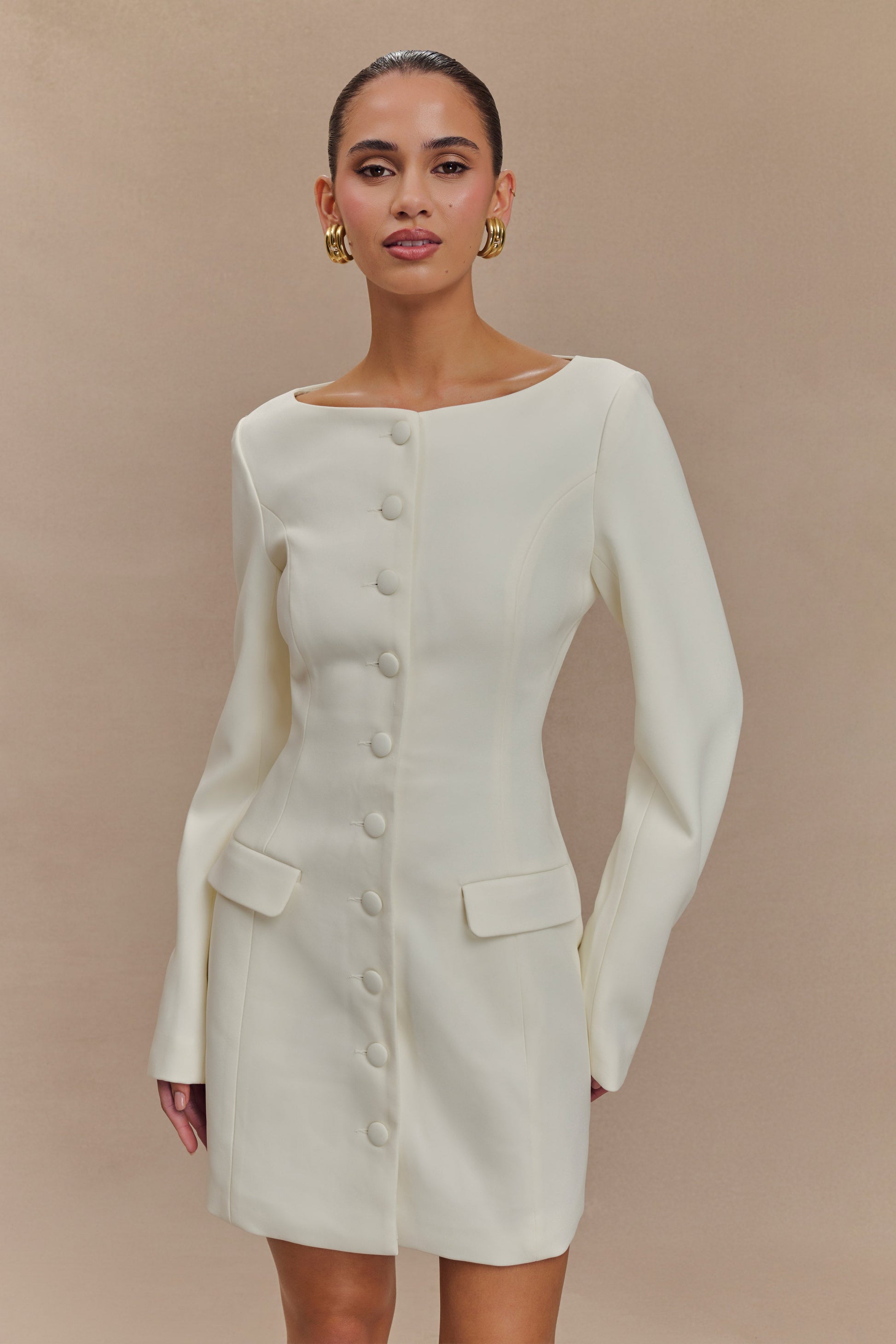 Jolie Boat Neck Suiting Mini Dress - Ivory #7