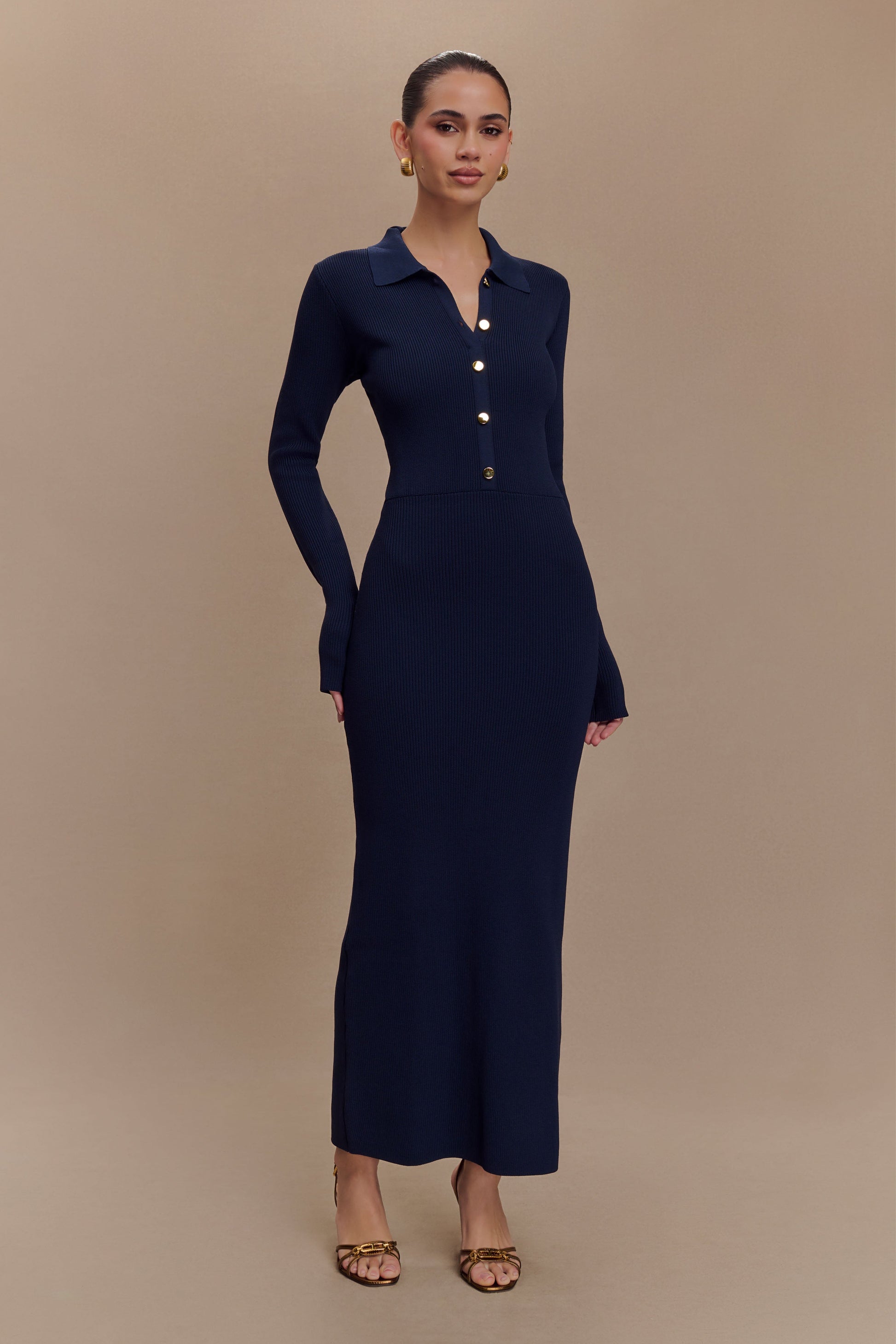 Abbey Buttoned Knit Midi Dress - Navy | MESHKI Abbey Buttoned Knit Midi Dress - Navy | MESHKI