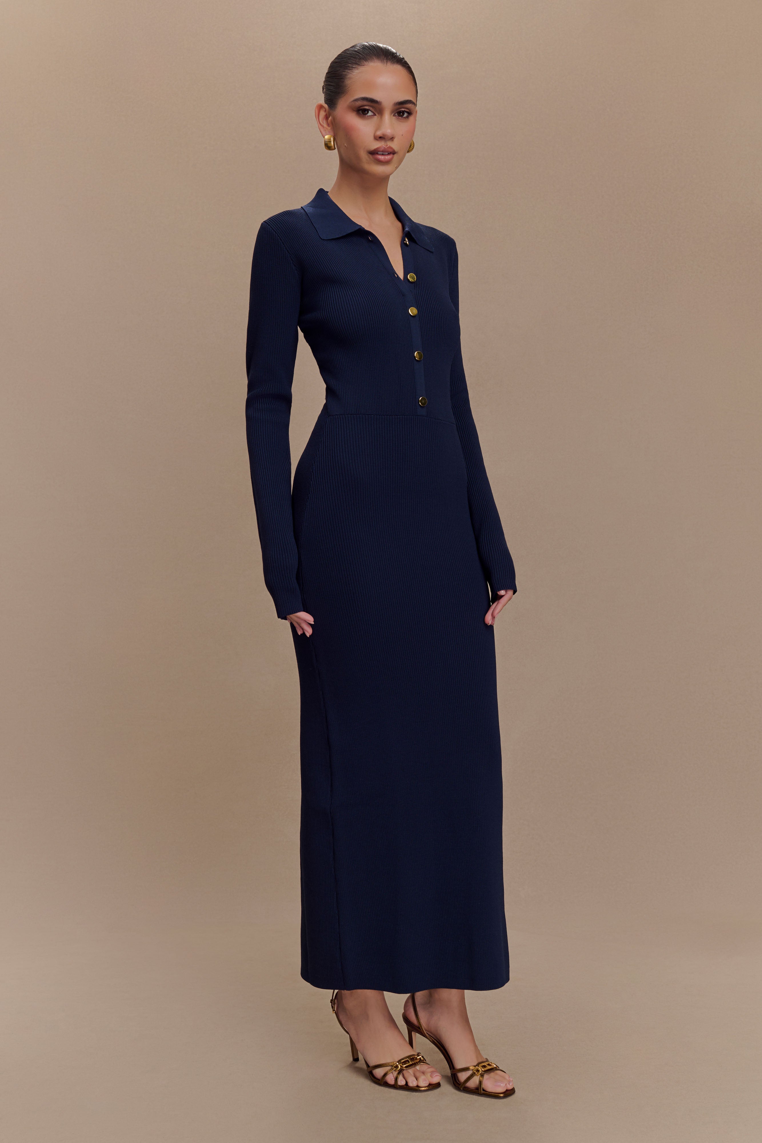 Abbey Buttoned Knit Midi Dress - Navy | MESHKI