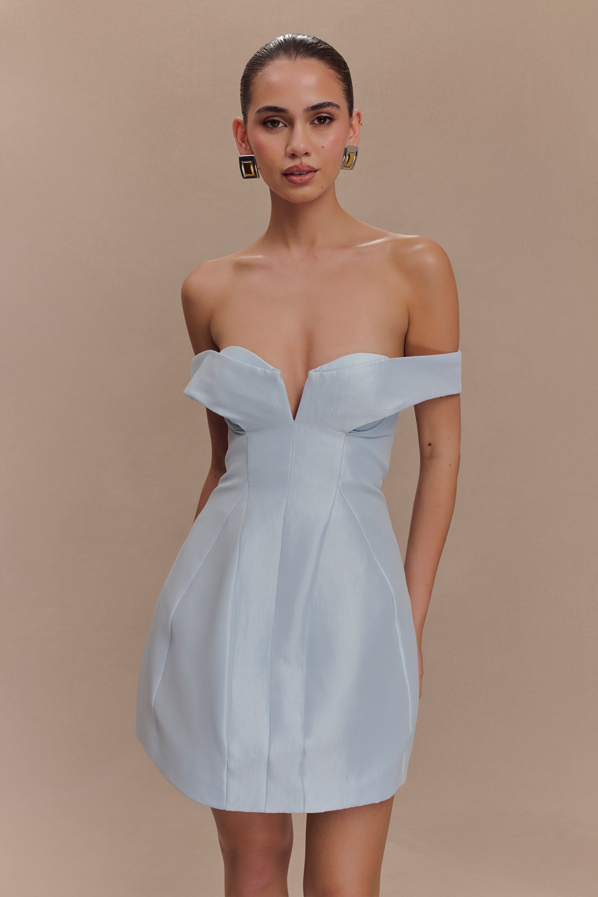 Diana Off Shoulders Mini Dress - Powder Baby Blue | MESHKI Diana Off Shoulders Mini Dress - Powder Baby Blue | MESHKI