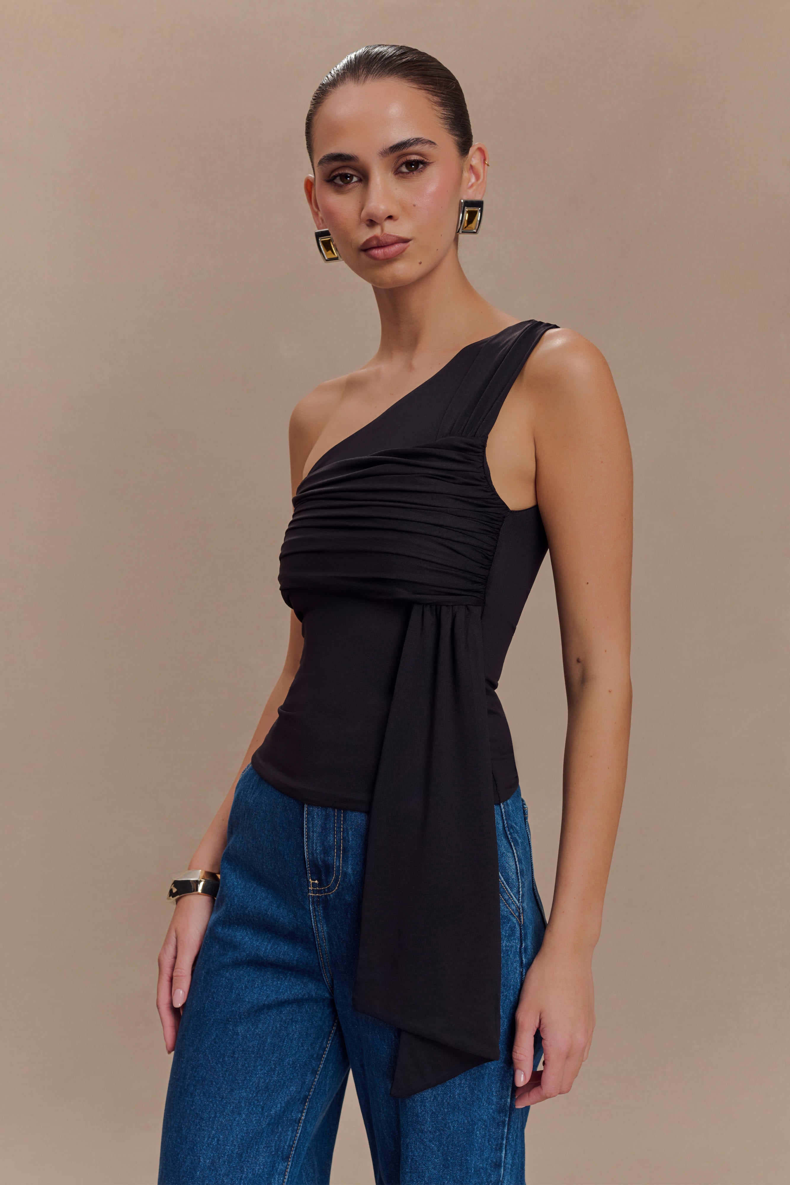 Sera One Shoulder Recycled Nylon Top With Drape - Black | MESHKI