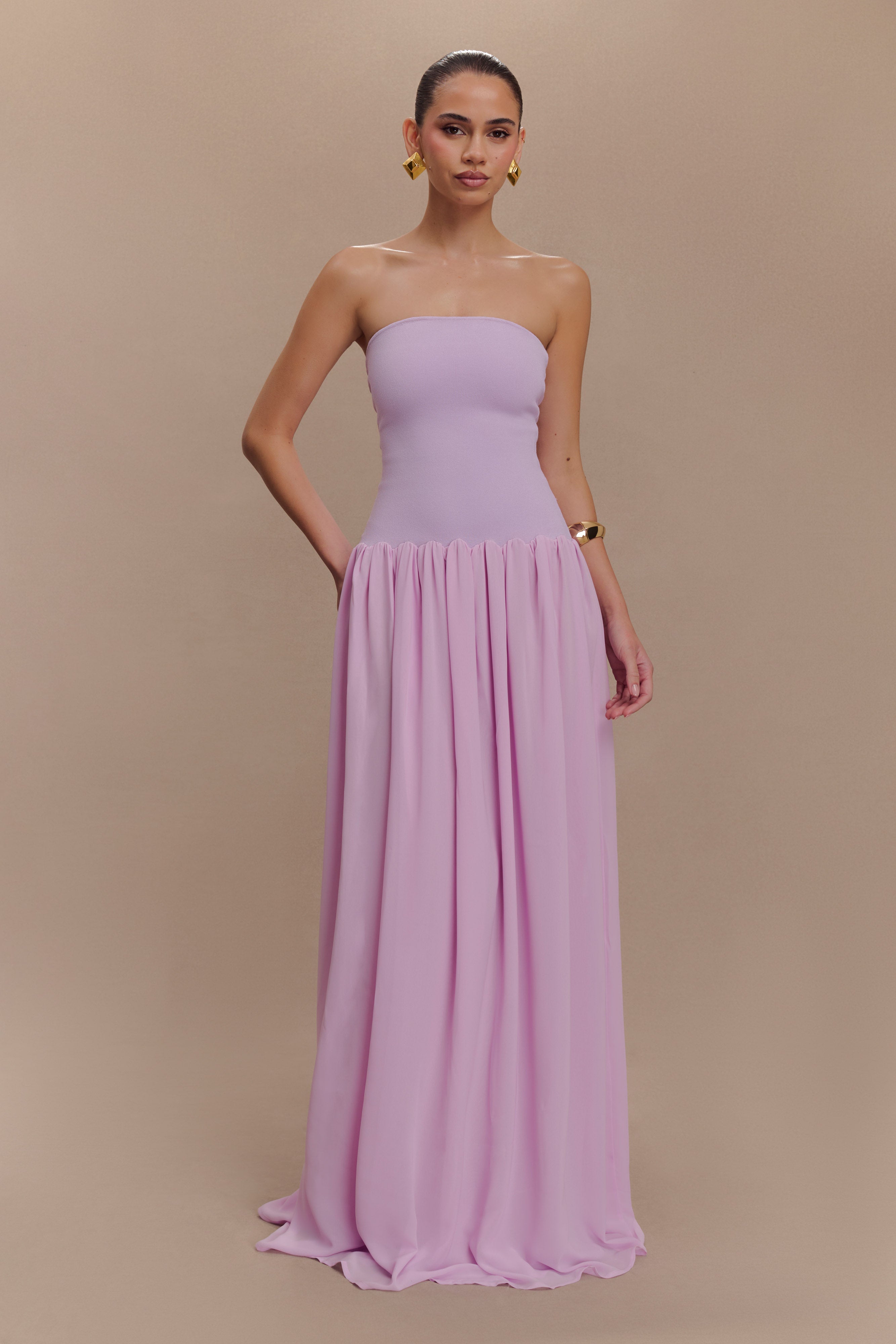 Lyanna Knit And Chiffon Strapless Maxi Dress - Lilac | MESHKI