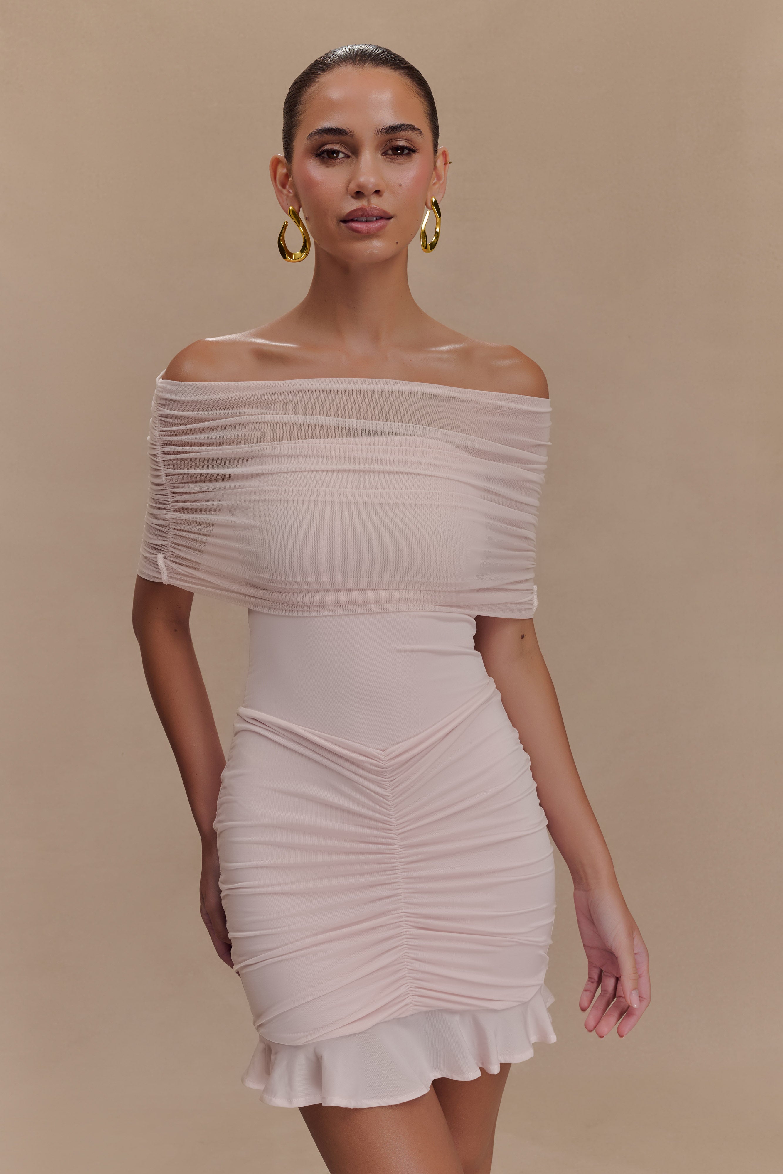 Caspian Slinky And Mesh Off Shoulder Mini Dress - Pale Pink | MESHKI