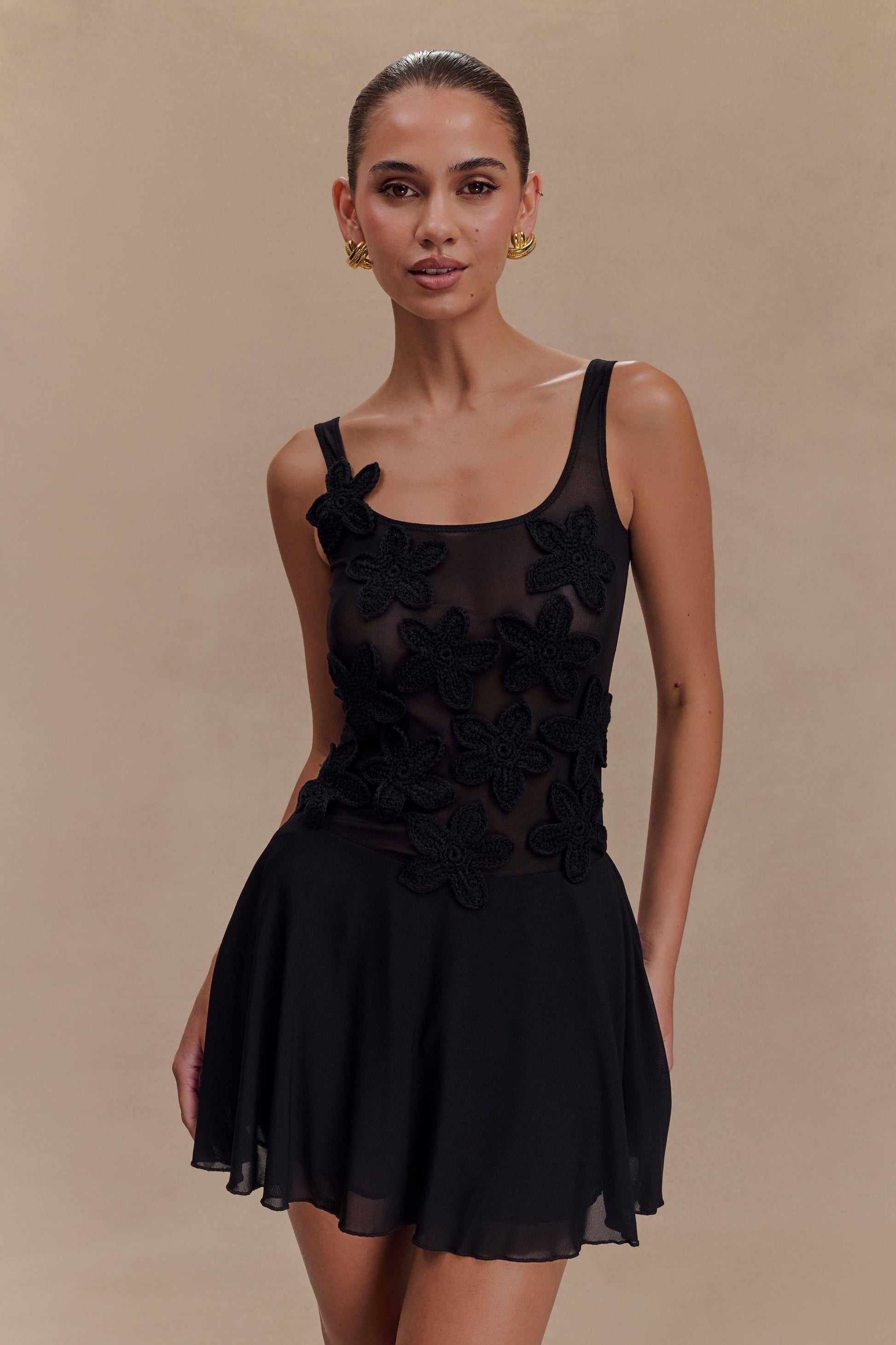 Melanie Mesh Mini Dress With Flowers - Black | MESHKI Melanie Mesh Mini Dress With Flowers - Black | MESHKI