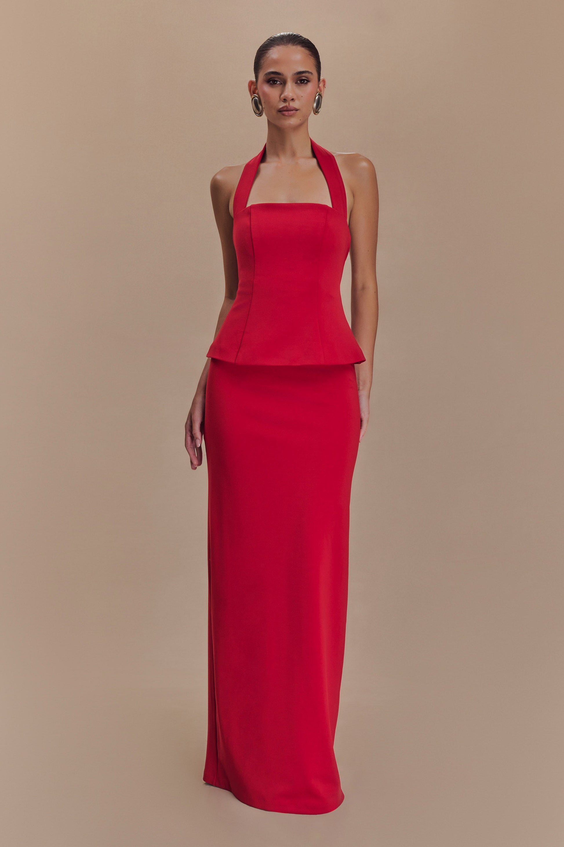 Bertie Peplum Halter Maxi Dress - Ruby | MESHKI Bertie Peplum Halter Maxi Dress - Ruby | MESHKI