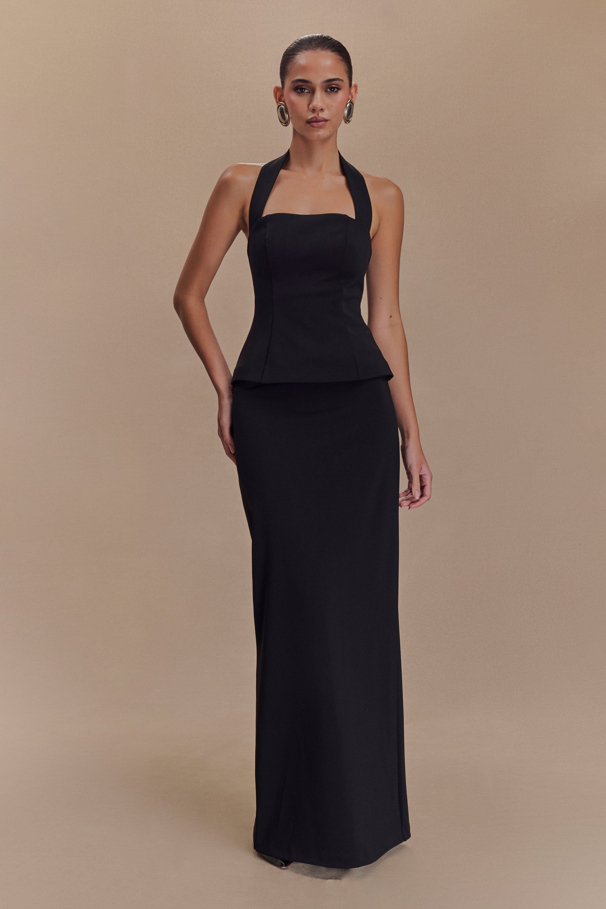 Bertie Peplum Halter Maxi Dress - Black | MESHKI Bertie Peplum Halter Maxi Dress - Black | MESHKI