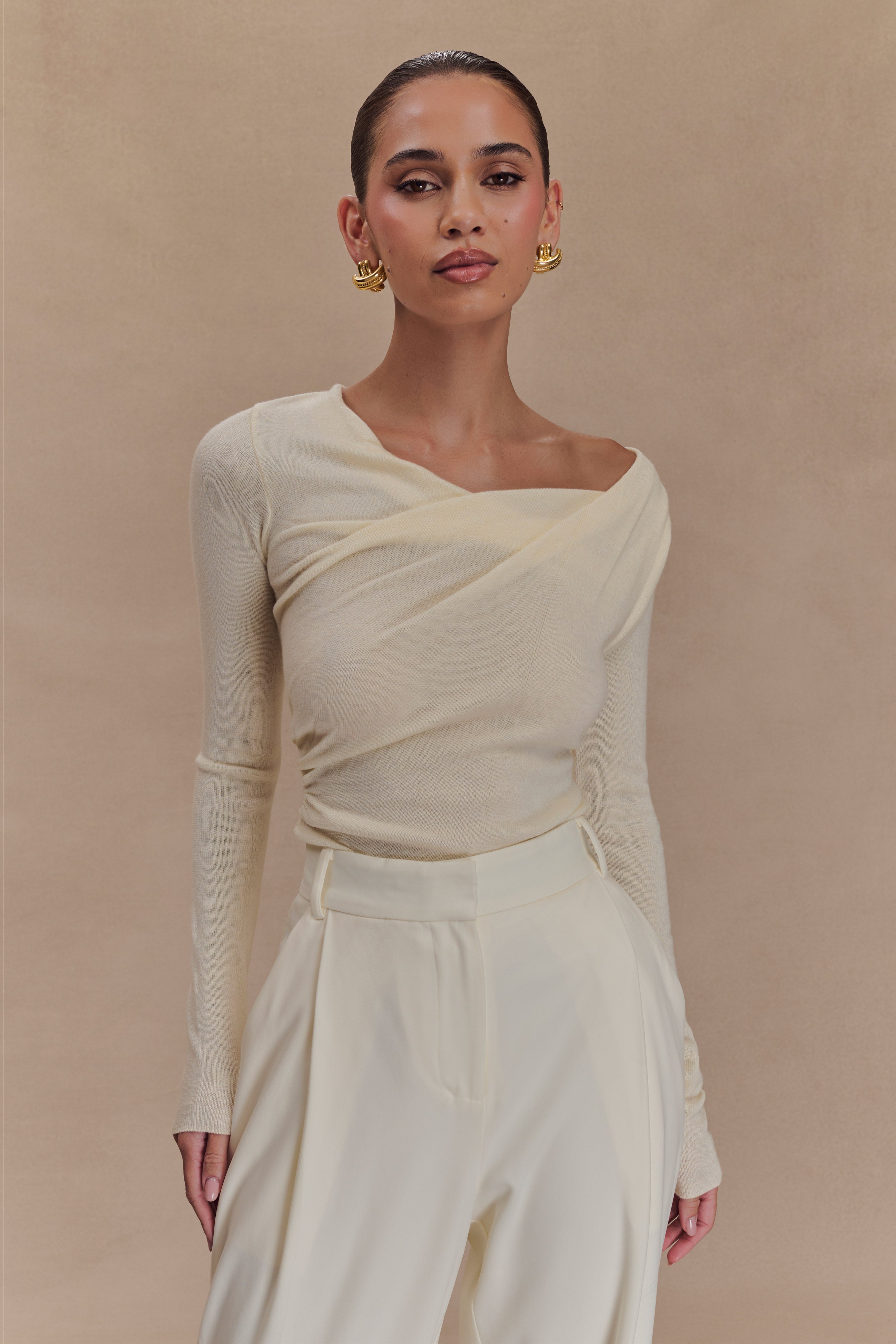 Culver Draped Twist Knit Top - Cream | MESHKI