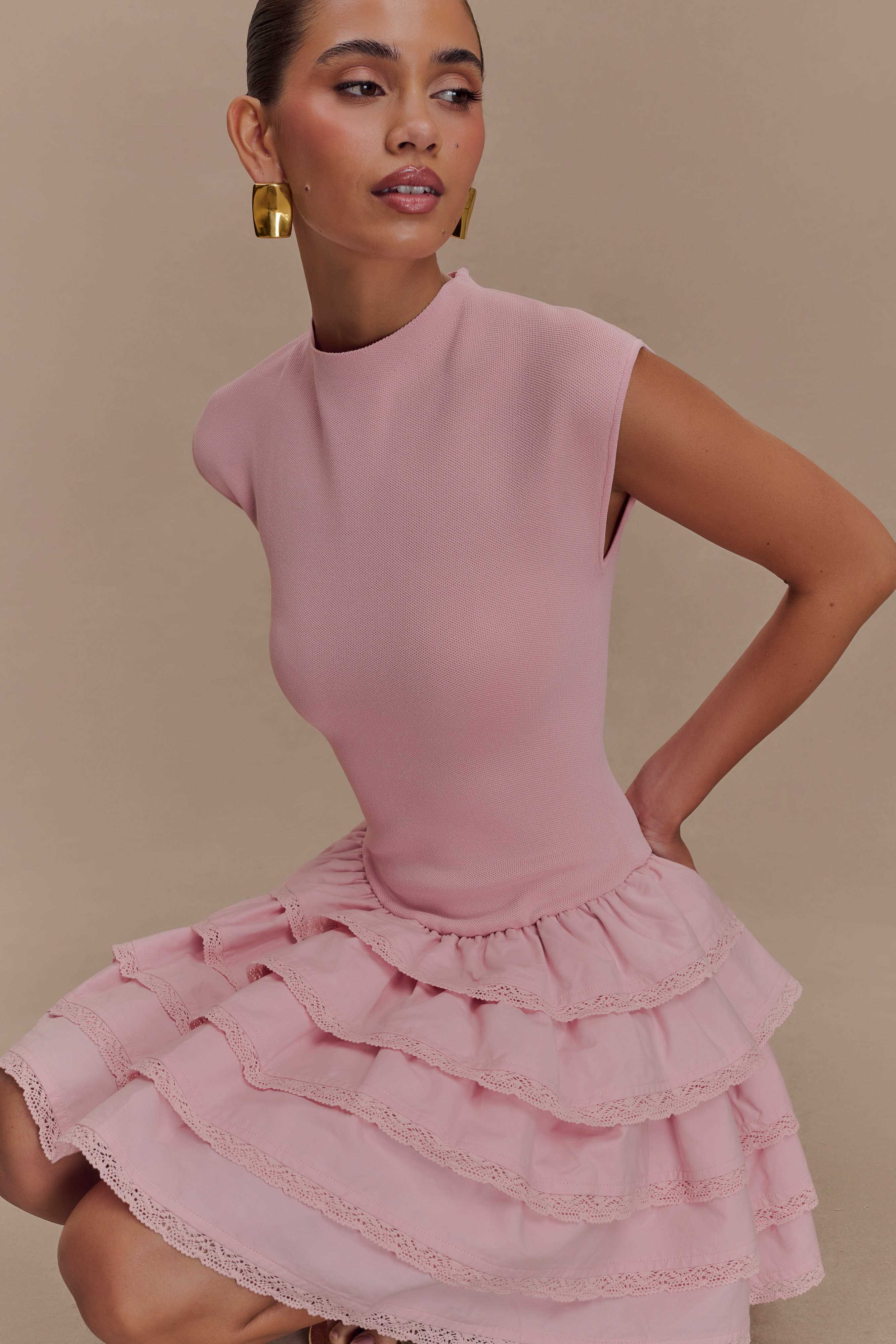 Maeve Ruffle Knit Mini Dress - Dusty Pink | MESHKI